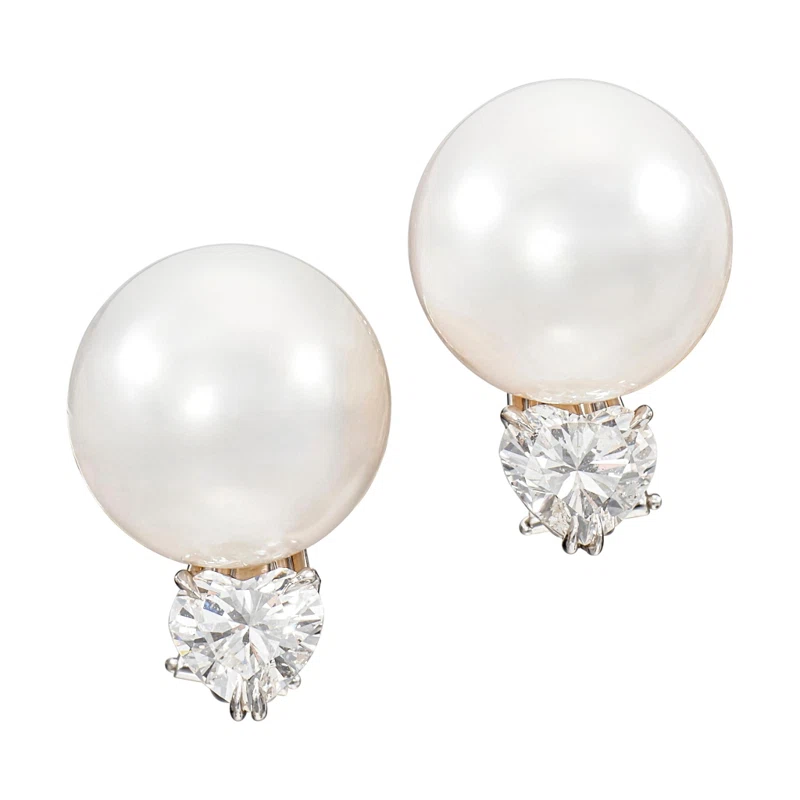 Platinum, Cultured Pearl and Diamond Earclips