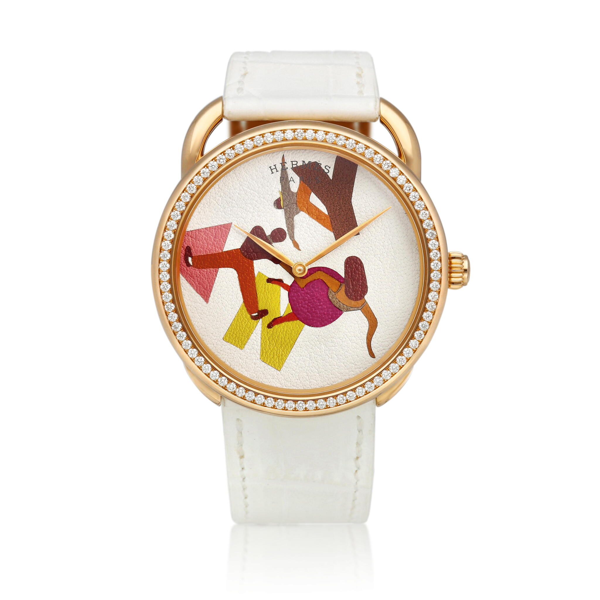 Arceau Gene Kelly Limited Edition (Reference W059208WW). A 38mm rose gold diamond-set automatic wristwatch with leather marquetry dial. 2024 — view 1