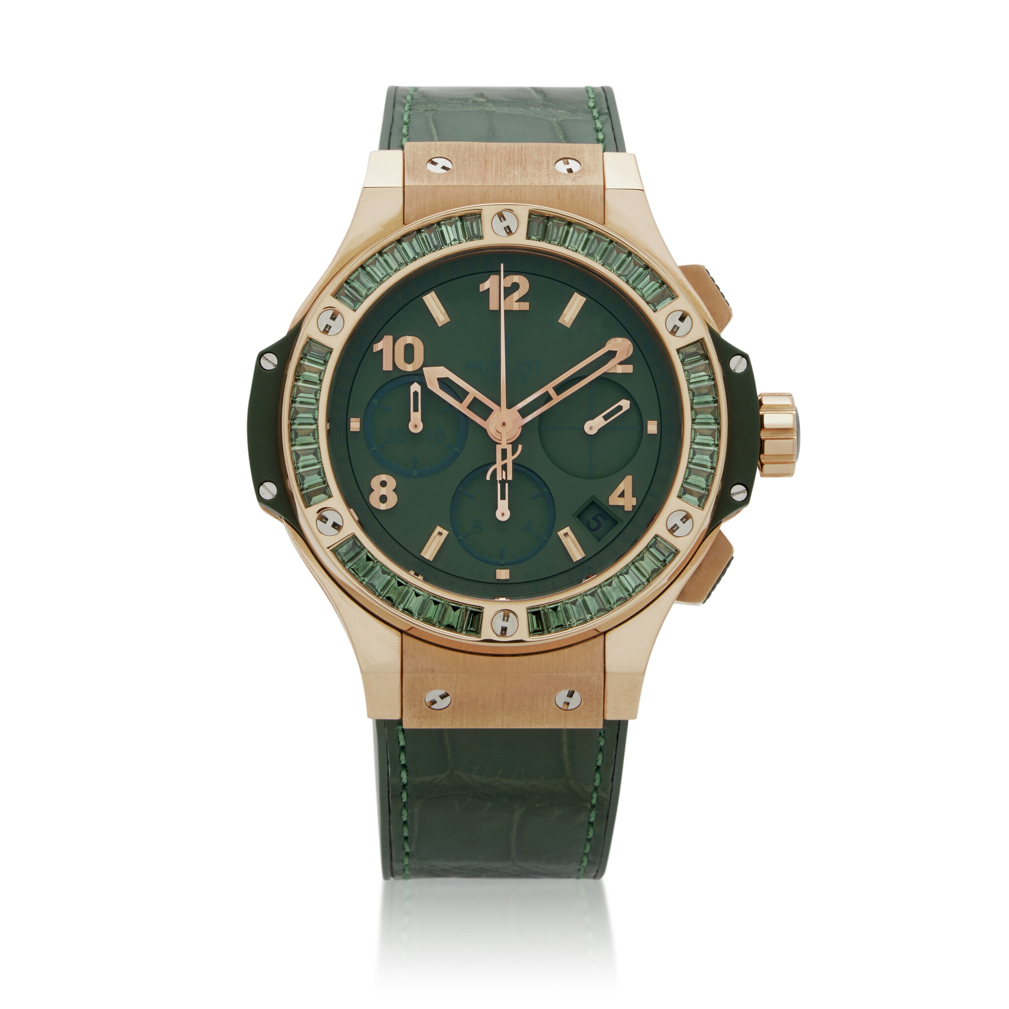 Big Bang Tutti Frutti (Reference 341.PV.5290.LR.1917). A 41mm unworn rose gold green sapphire set automatic wristwatch with date and chronograph. — view 1
