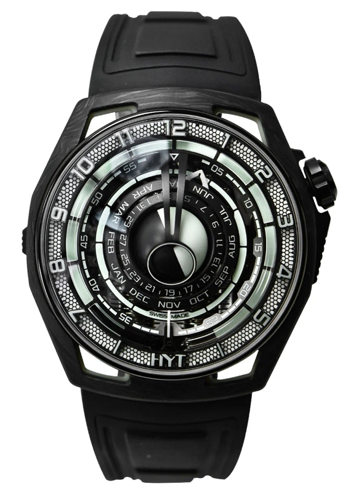 Moon Runner (المرجع H02800-A). ساعة يد من black hydro carbon & tec light© بقطر 48mm، بحركة ميكانيكية ذات تعبئة يدوية، مع التاريخ والشهر وأطوار القمر.