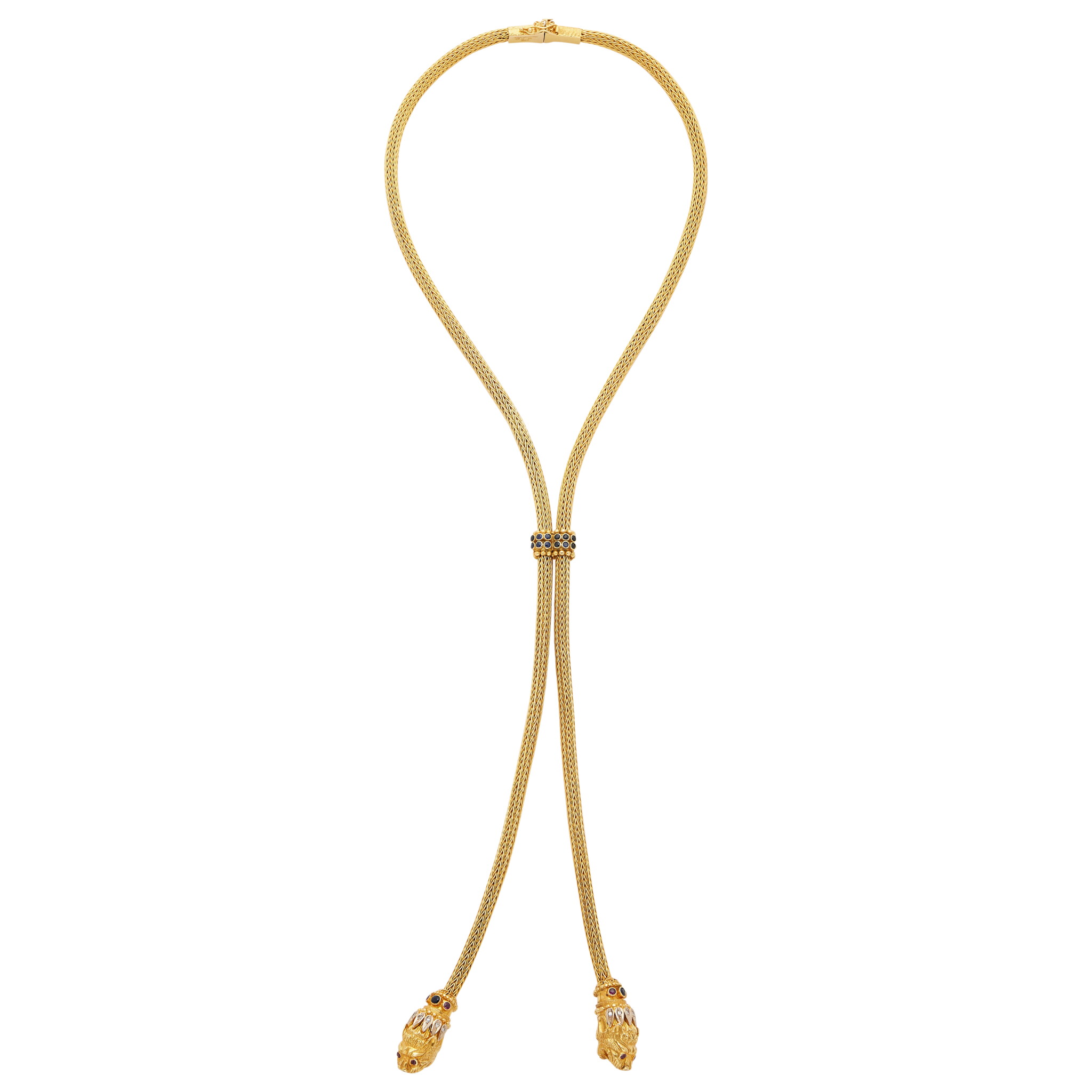 Vintage Gold, White Gold, Ruby, Sapphire and Diamond Lionhead Lariat Necklace — view 1
