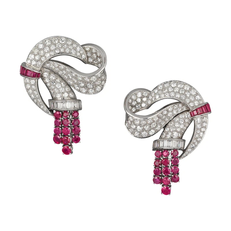 Platinum, White Gold, Burmese Ruby and Diamond Convertible Double Clip Brooch Earclips