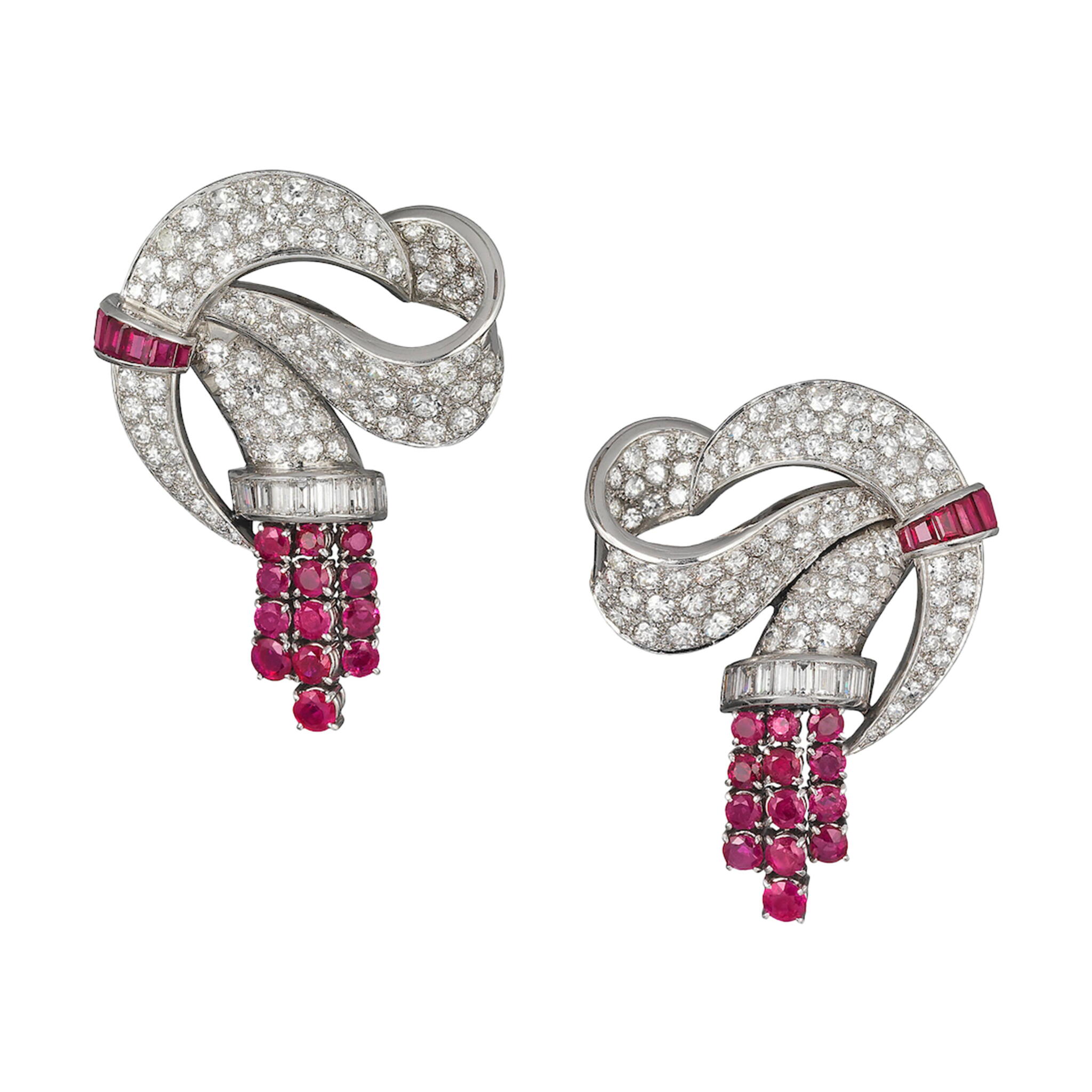 Platinum, White Gold, Burmese Ruby and Diamond Convertible Double Clip Brooch Earclips — view 1