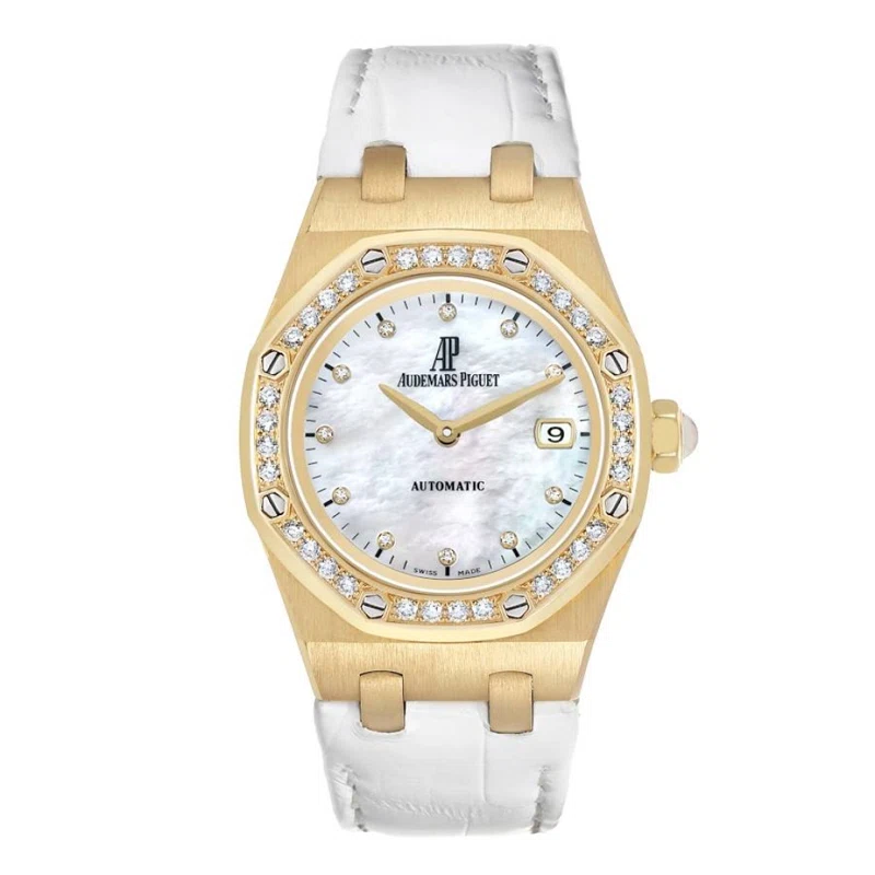 Lady Royal Oak (Reference 77321). A 33mm yellow gold diamond-set quartz wristwatch with date.