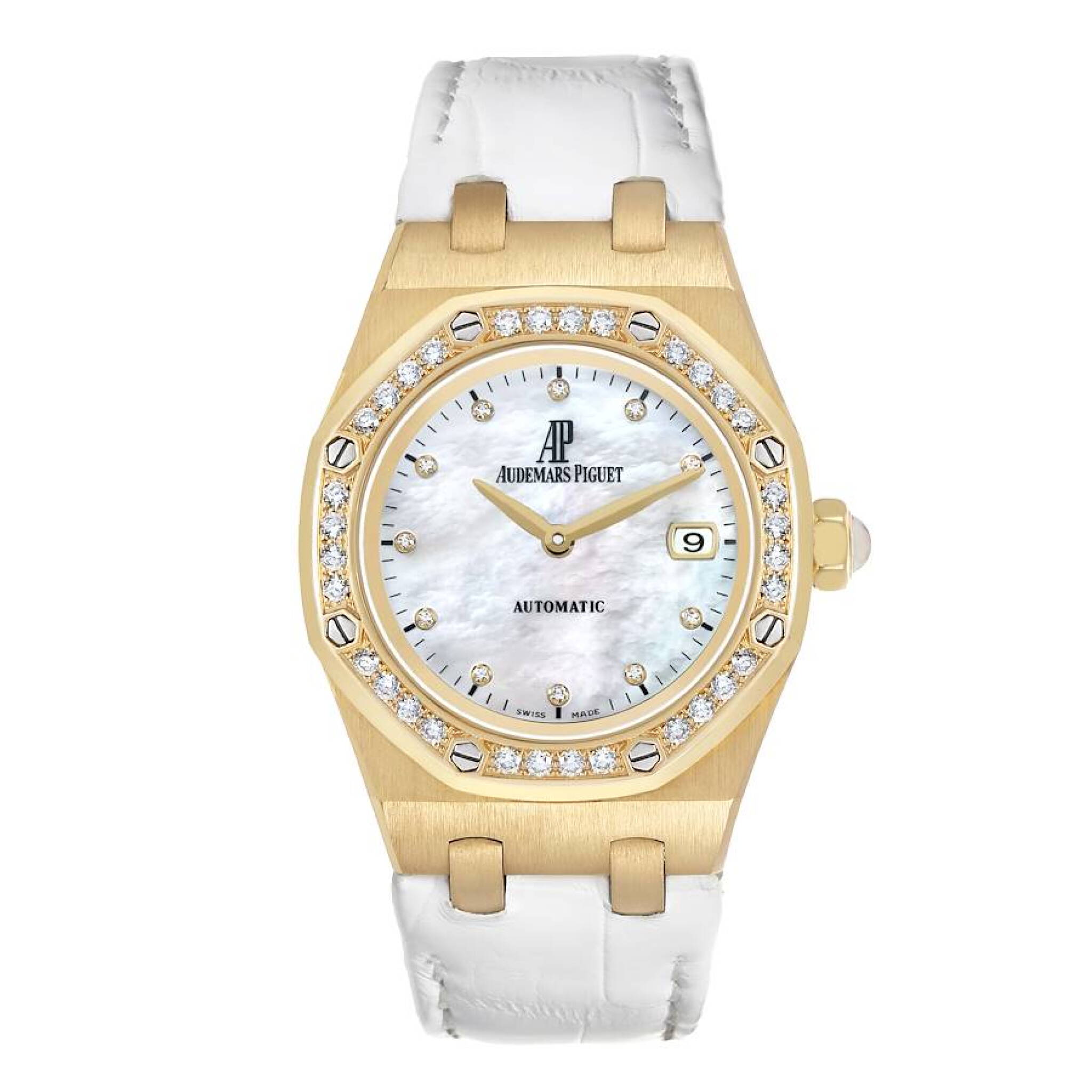 Lady Royal Oak (Reference 77321). A 33mm yellow gold diamond-set quartz wristwatch with date. — view 1