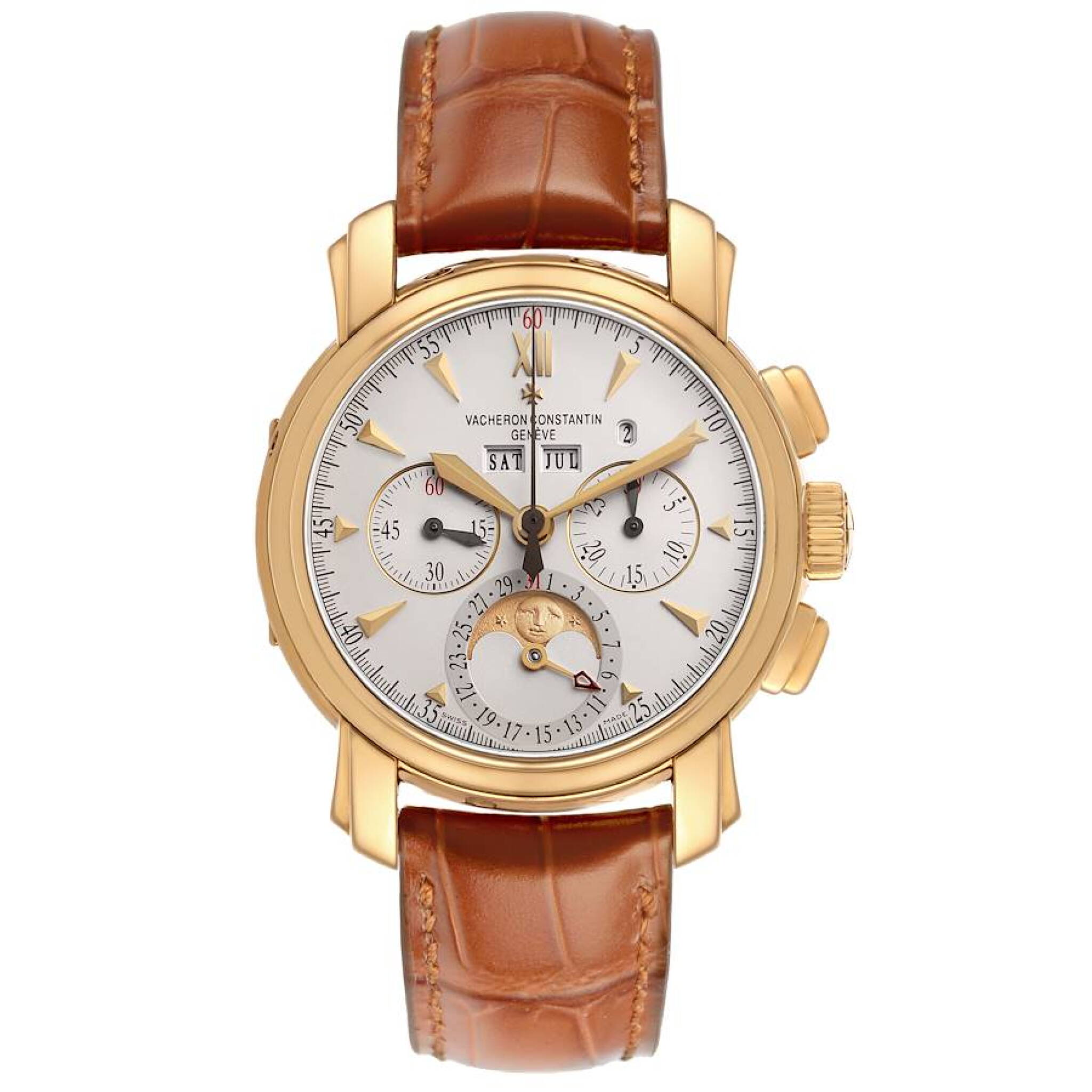 Malte (Reference 47112/000J). A 42mm yellow gold manual wind wristwatch with chronograph, moon phase, leap year, and perpetual calendar. — view 1