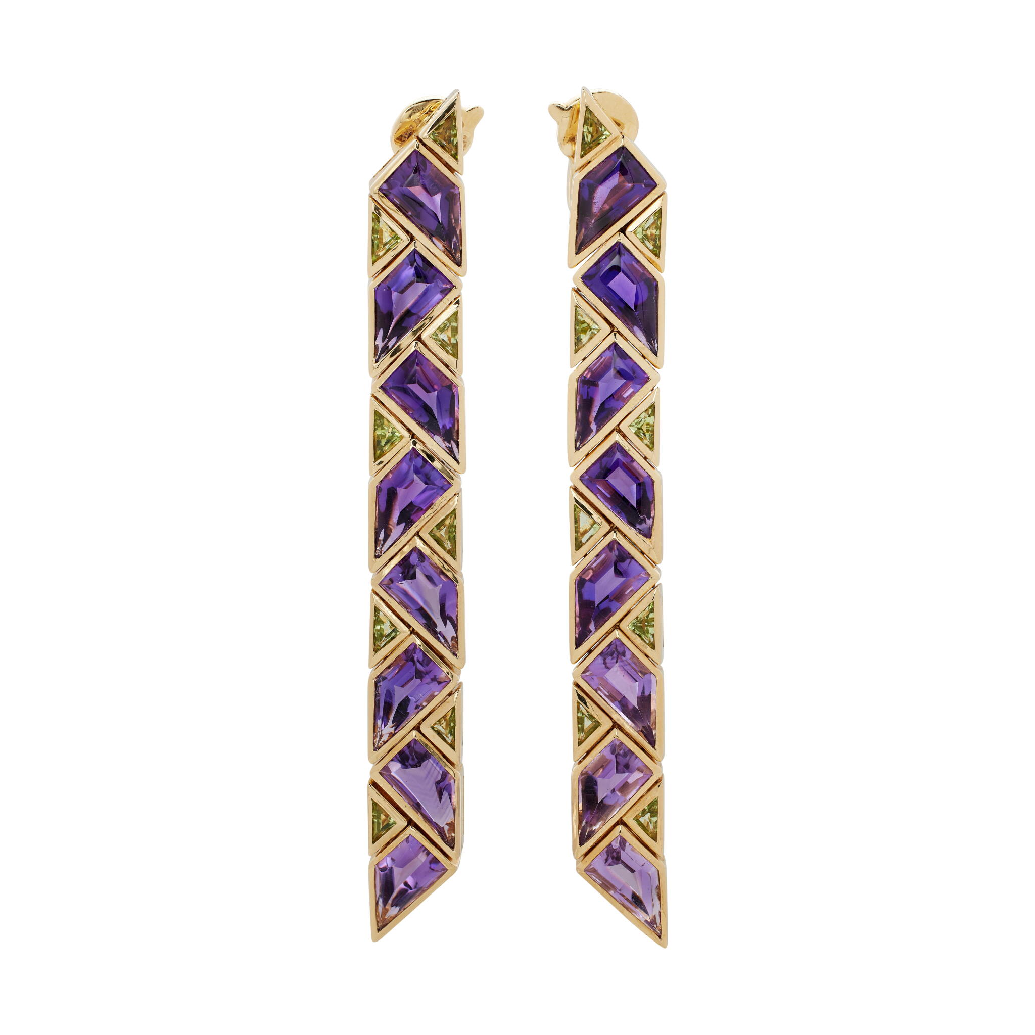 Gold, Amethyst and Peridot Triangolini Drop Earclips — view 1