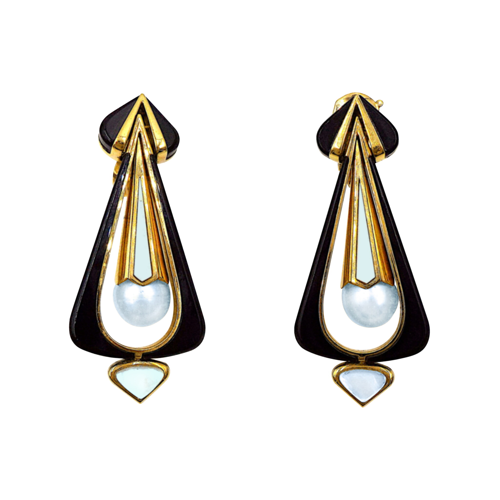 Gold, Cultured Pearl, Mother of Pearl and Onyx Drop Earclips — view 1