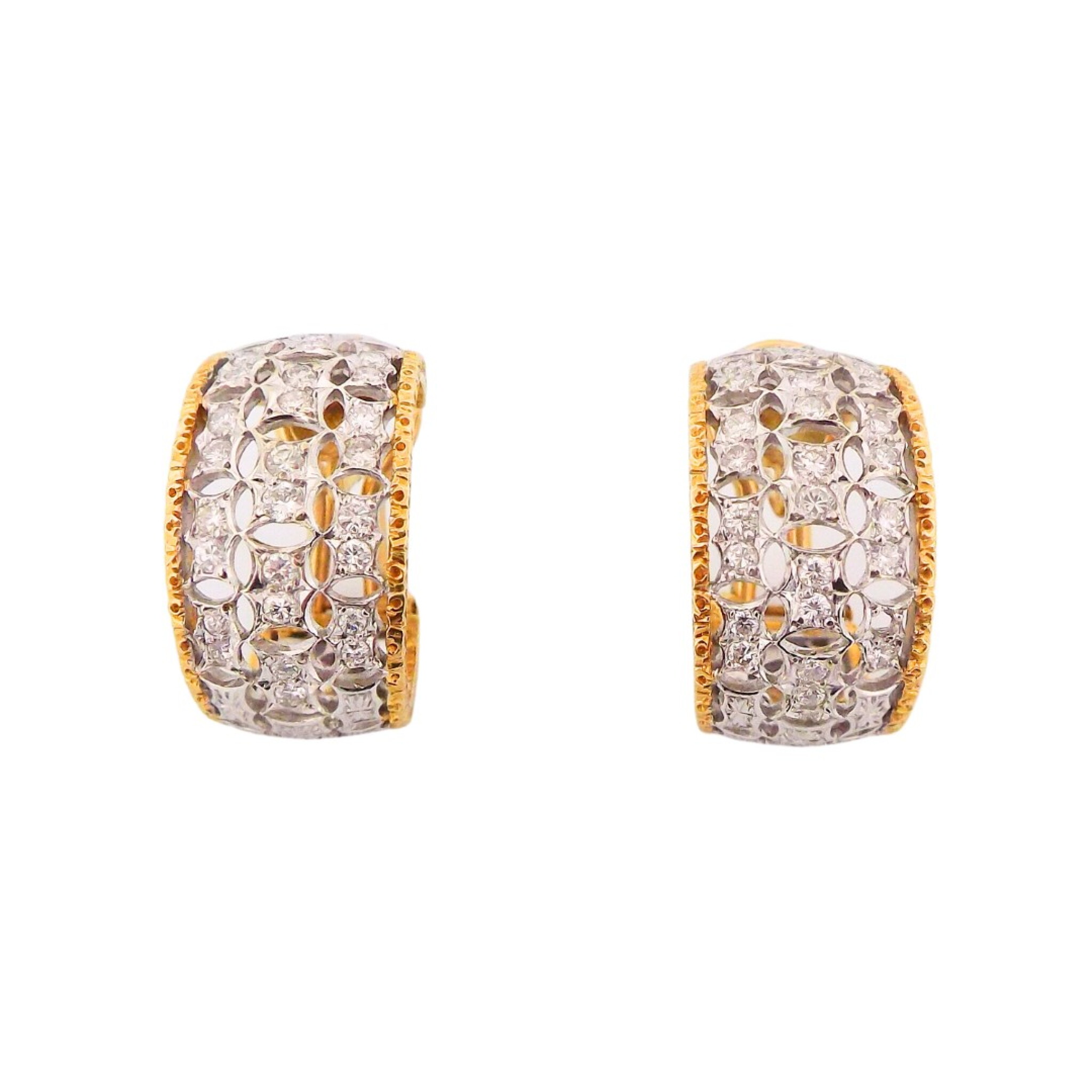 White Gold, Gold and Diamond Scacchi Hoop Earclips — view 1