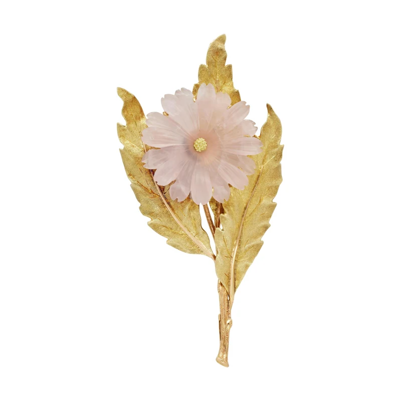 Vintage Gold and Rose Quartz Flower Brooch