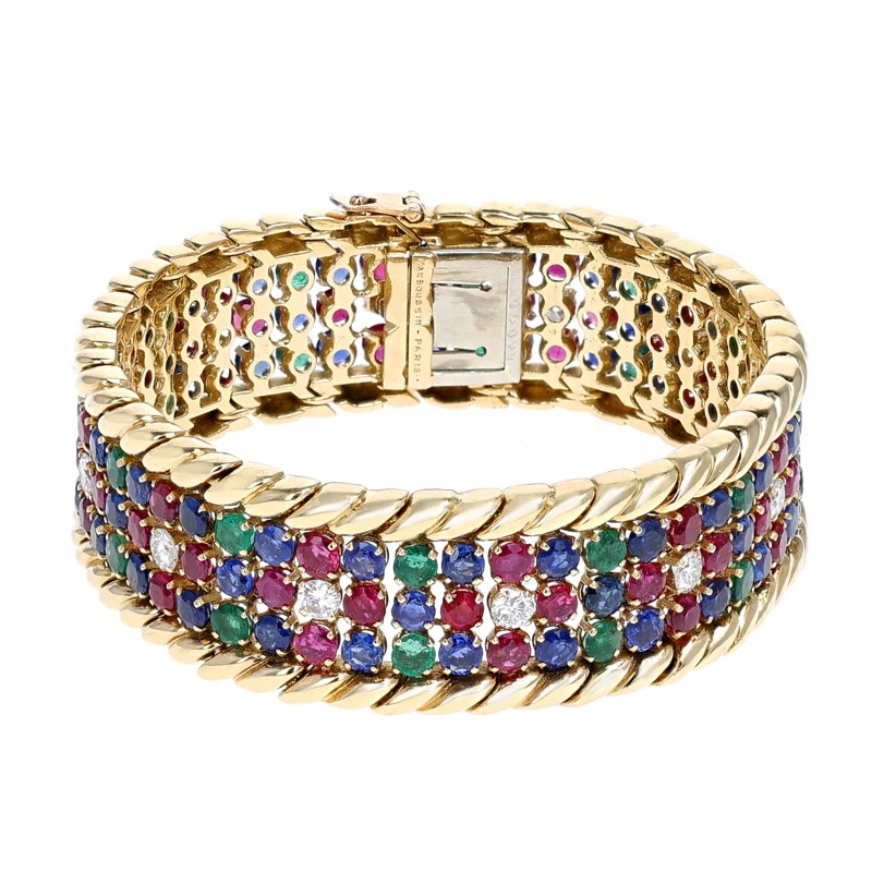 Vintage Gold, Emerald, Ruby, Sapphire and Diamond Bracelet 