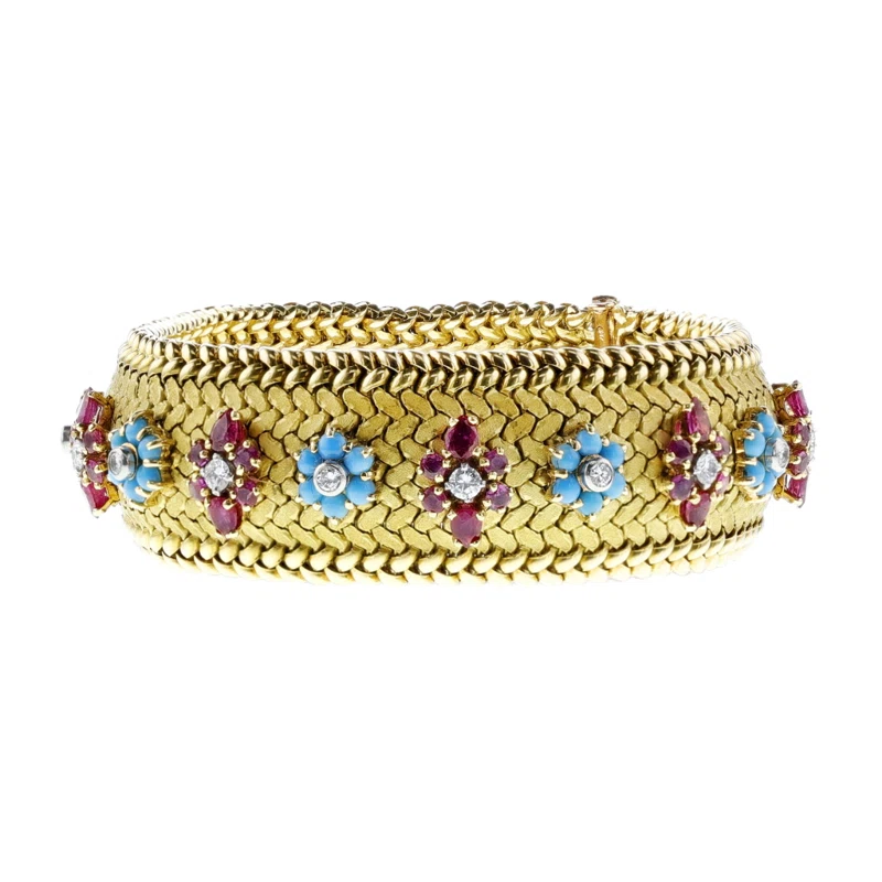 Vintage Gold, Turquoise, Ruby and Diamond Bracelet