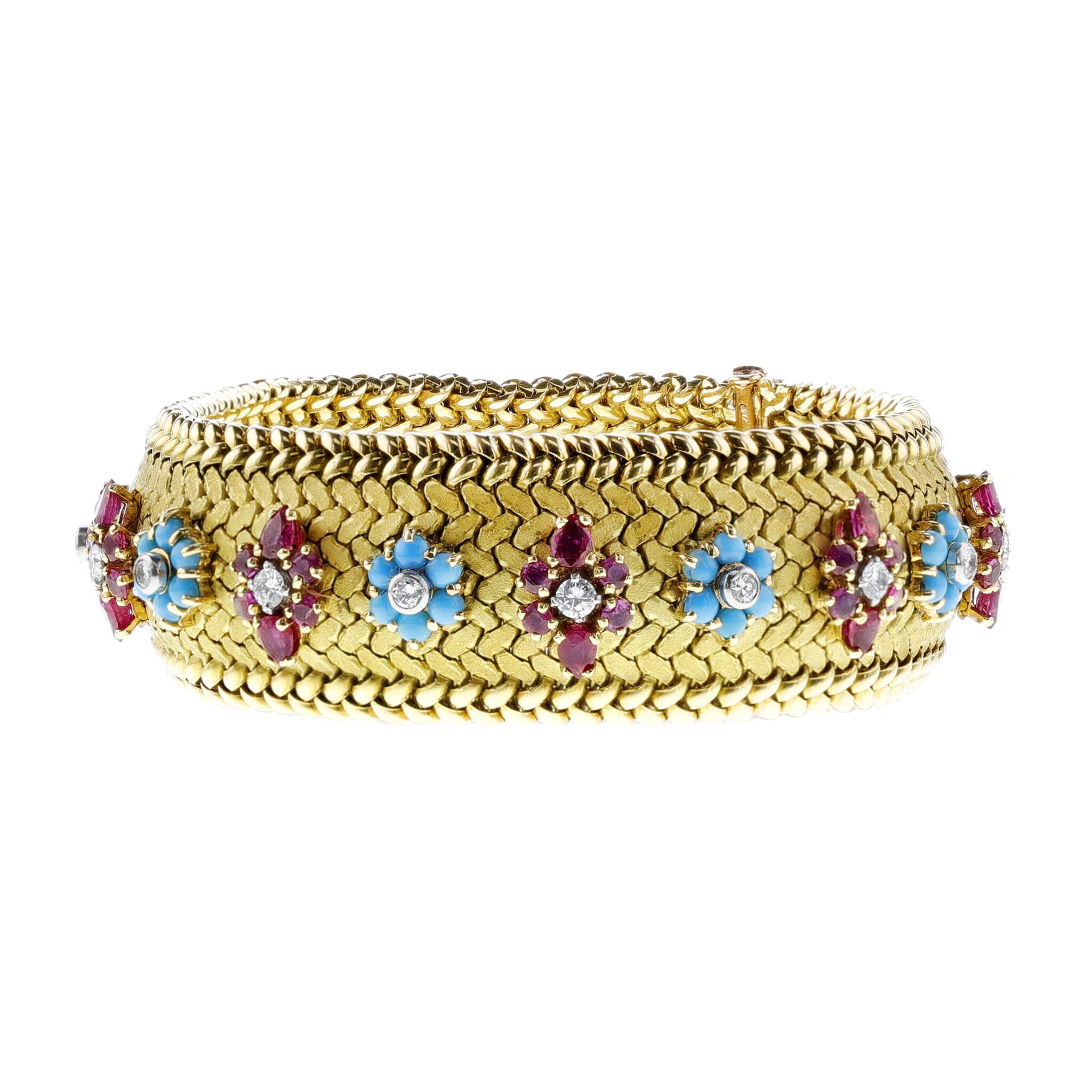 Vintage Gold, Turquoise, Ruby and Diamond Bracelet — view 1