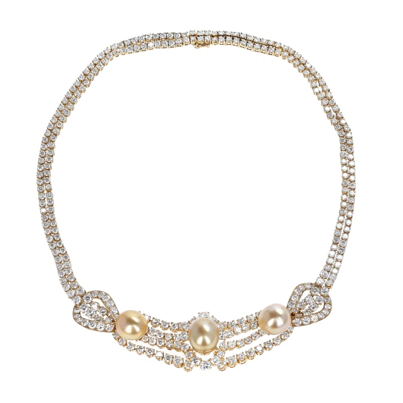Gold, Cultured Pearl and Diamond Necklace