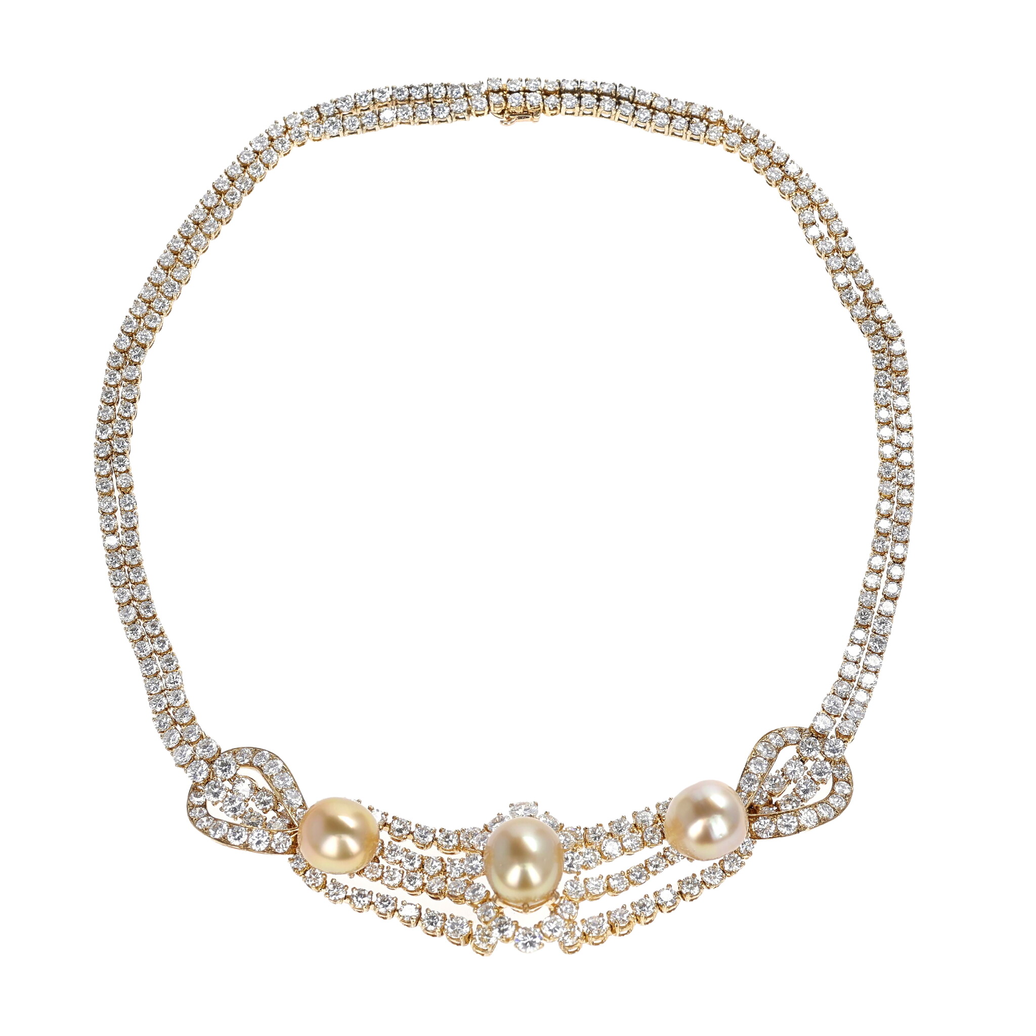 Gold, Cultured Pearl and Diamond Necklace — view 1