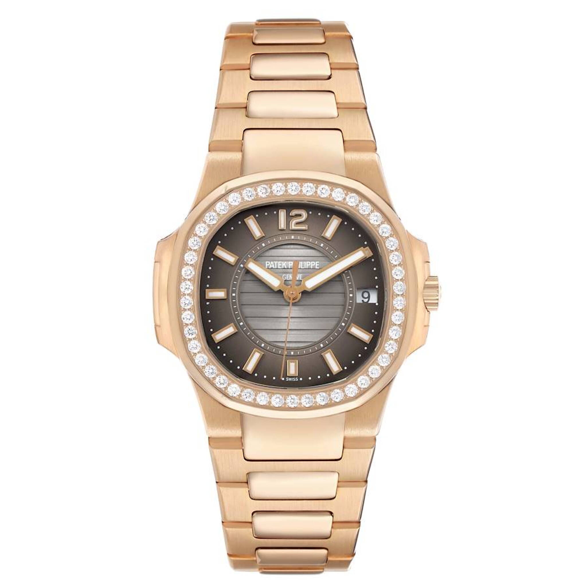 Nautilus (Reference 7010/1R-010). A 32mm rose gold diamond-set quartz wristwatch with date. 2012 — view 1