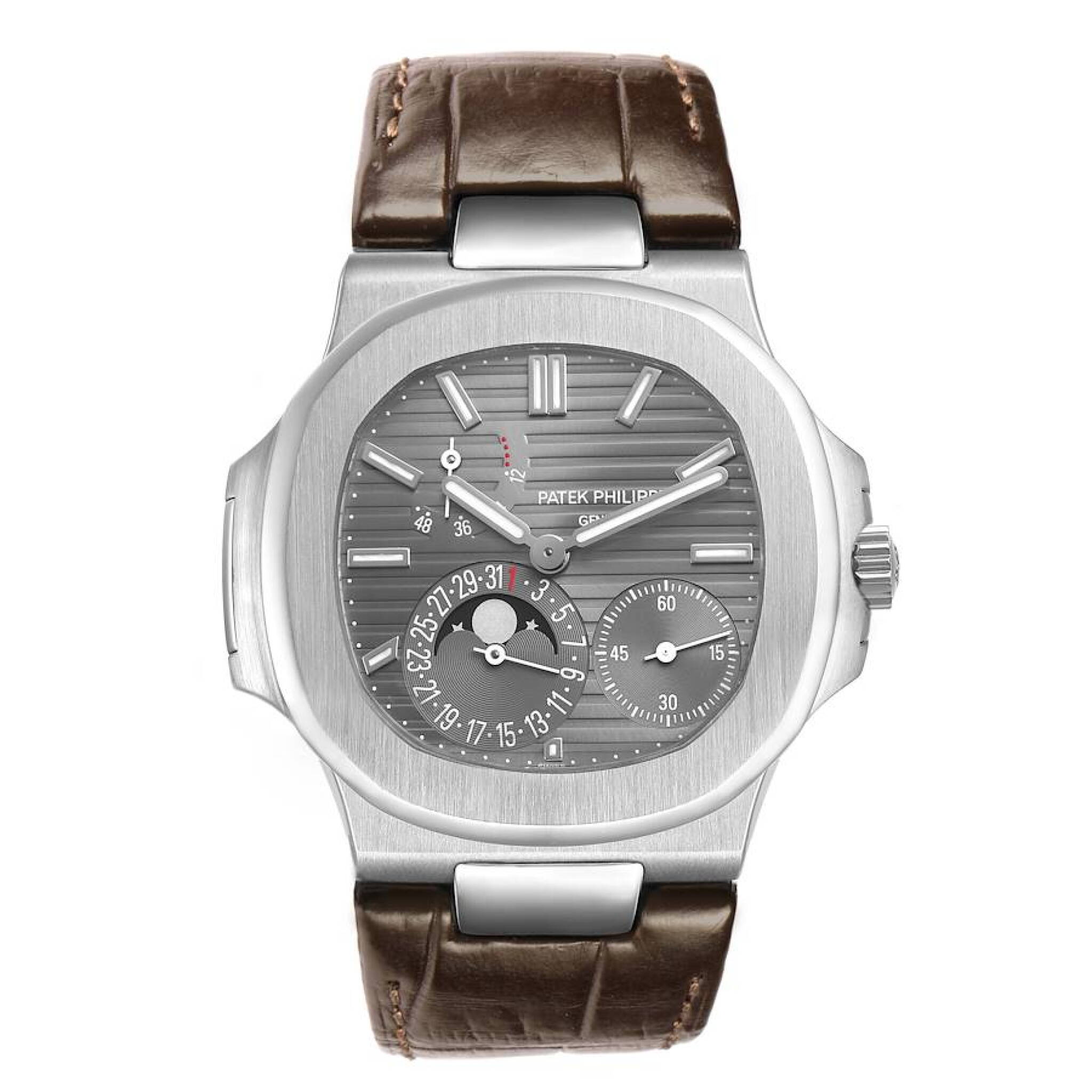 Nautilus (Reference 5712G-001). A 40mm white gold automatic wristwatch with date, moon phase, and power reserve. 2008 — view 1