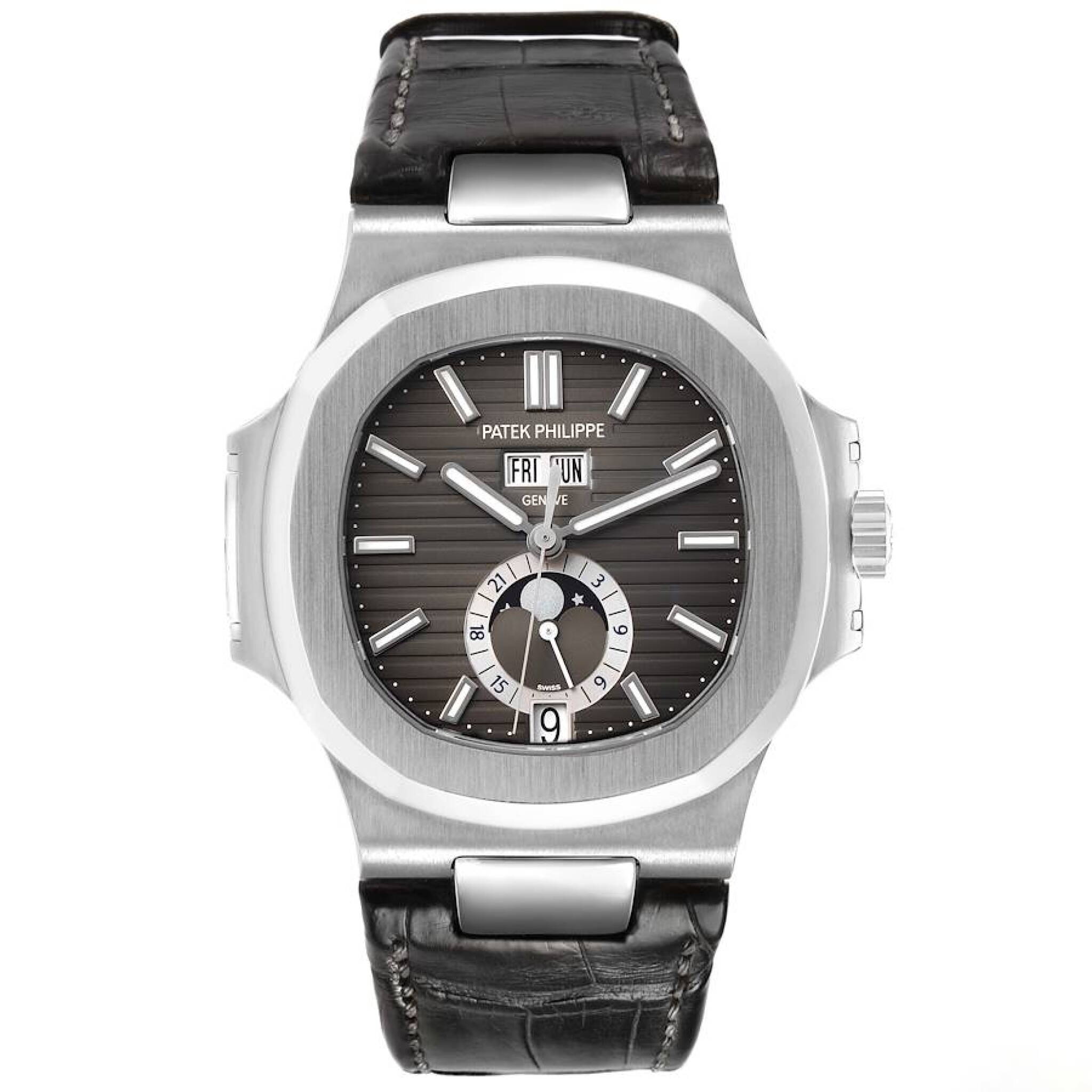 Nautilus (Reference 5726A-001). A 40.5mm stainless steel automatic wristwatch with date, day, month, moon phase, 24 hour-format, and annual calendar. 2012 — view 1