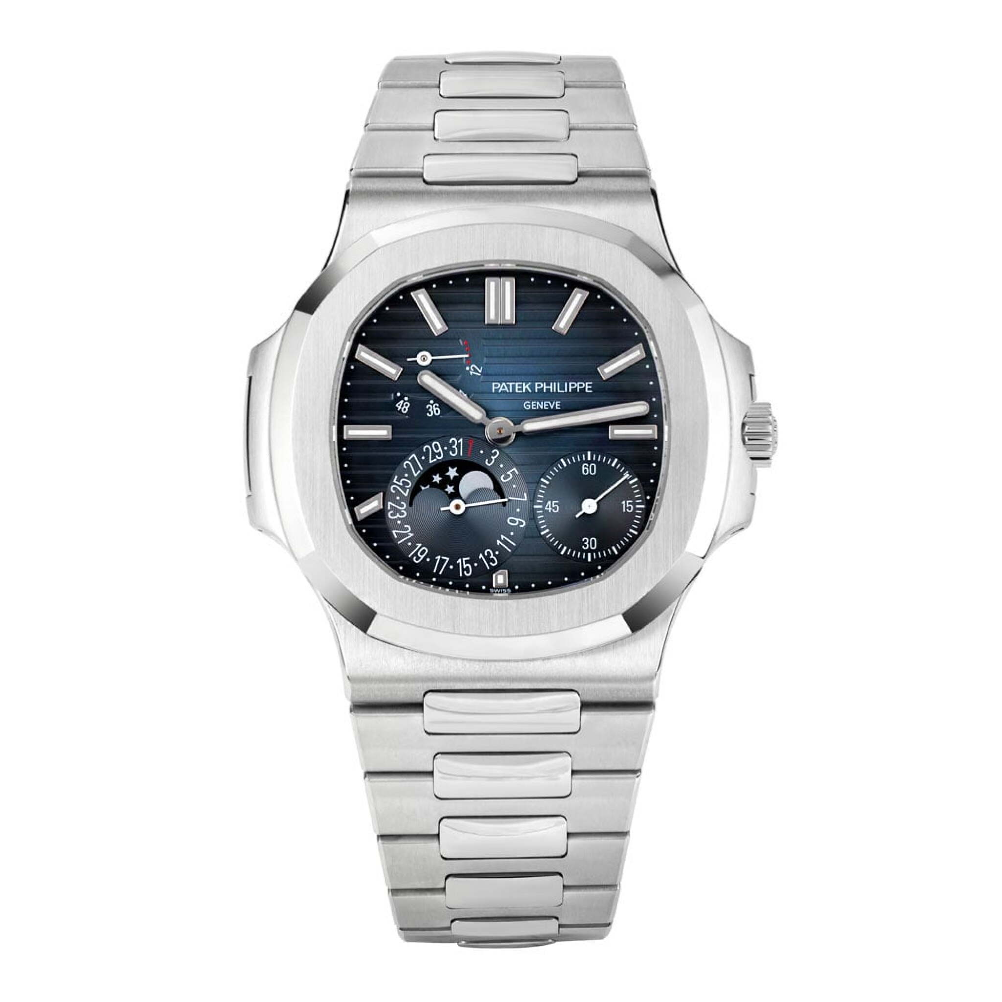 Nautilus (Reference 5712/1A-001). A 40mm unworn stainless steel automatic wristwatch with date, moon phase, and power reserve. 2025 — view 1