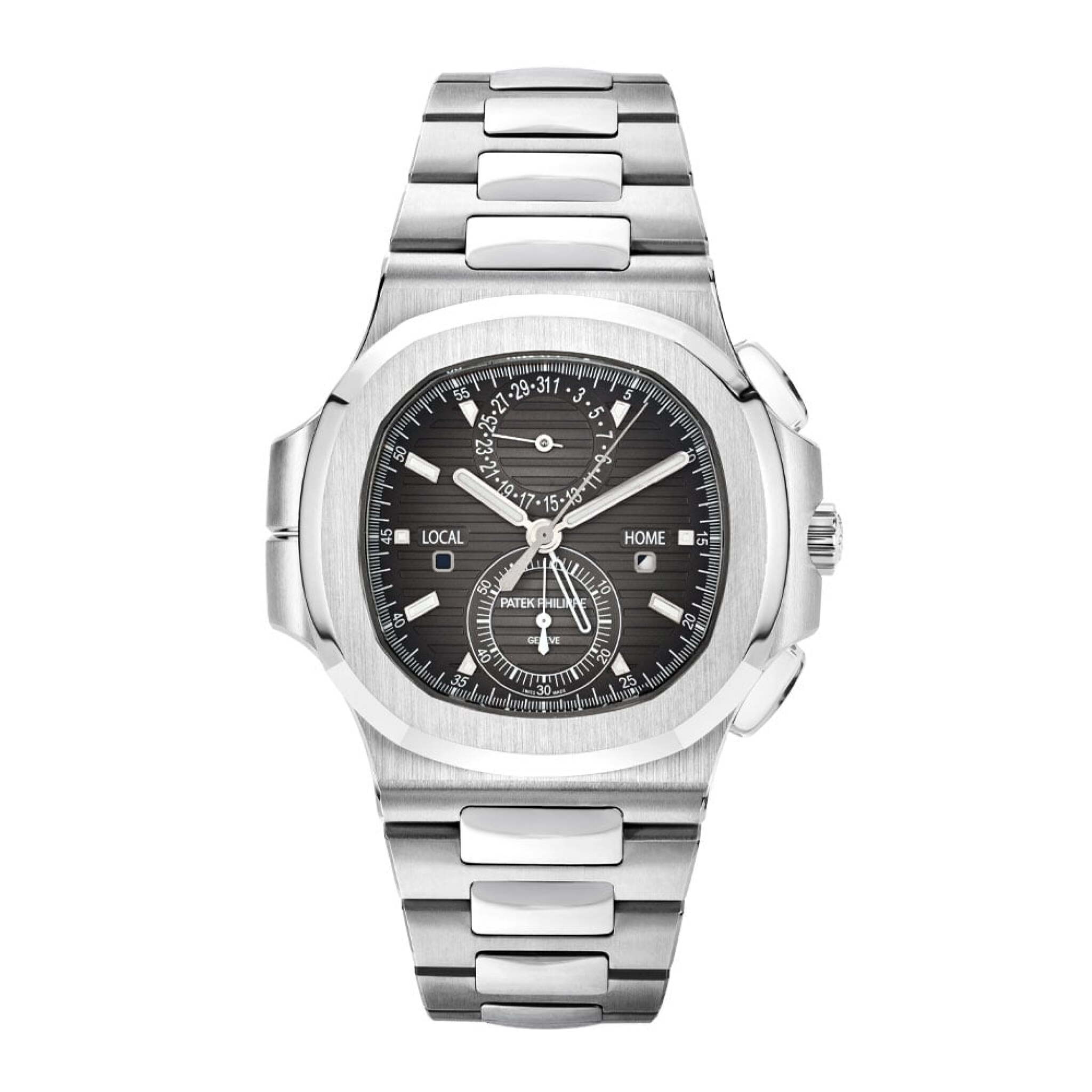 Nautilus (Reference 5990/1A-001). A 40mm stainless steel automatic wristwatch with date, flyback chronograph, and dual time. 2019 — view 1