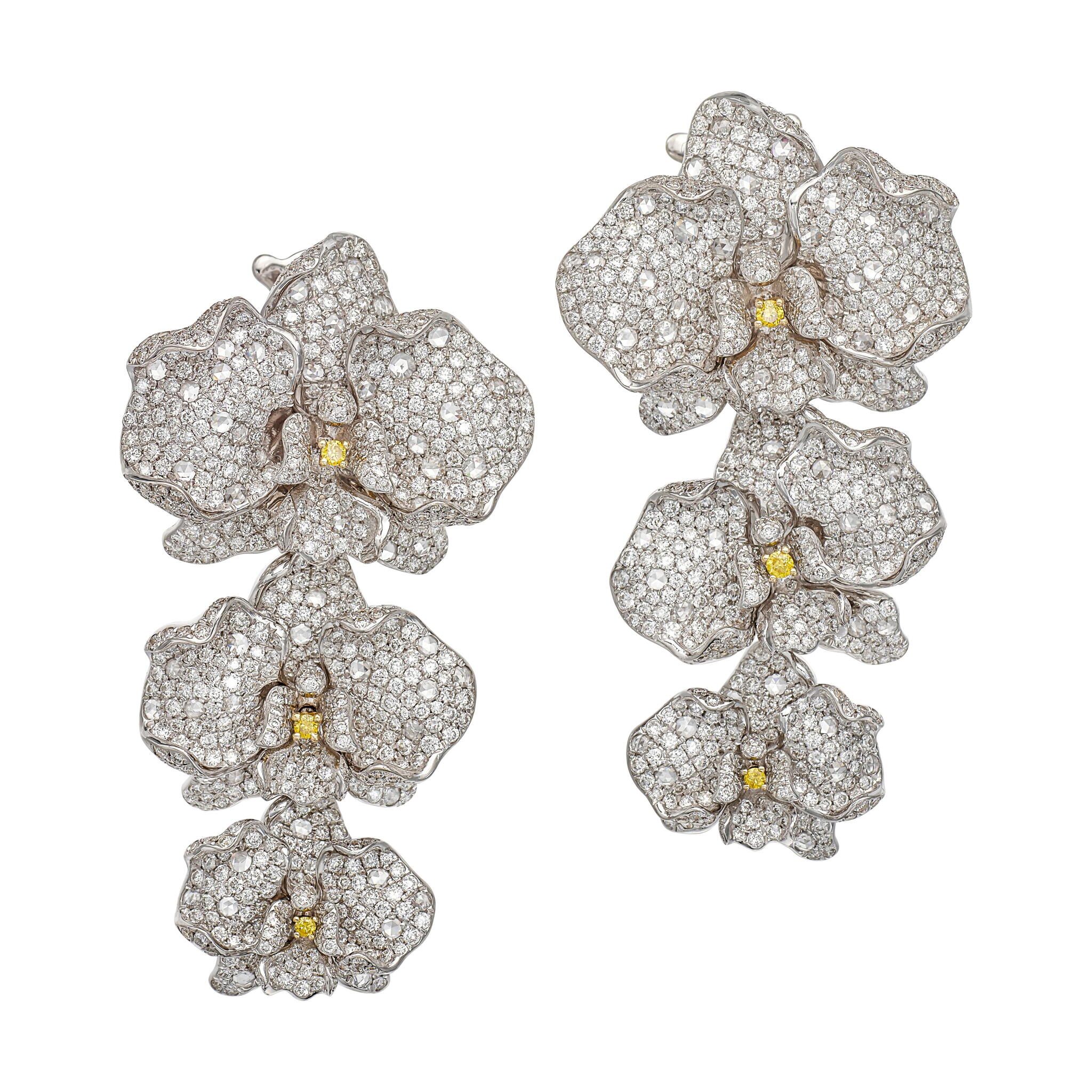White Gold, Yellow Diamond and Diamond Orchid Earclips — view 1