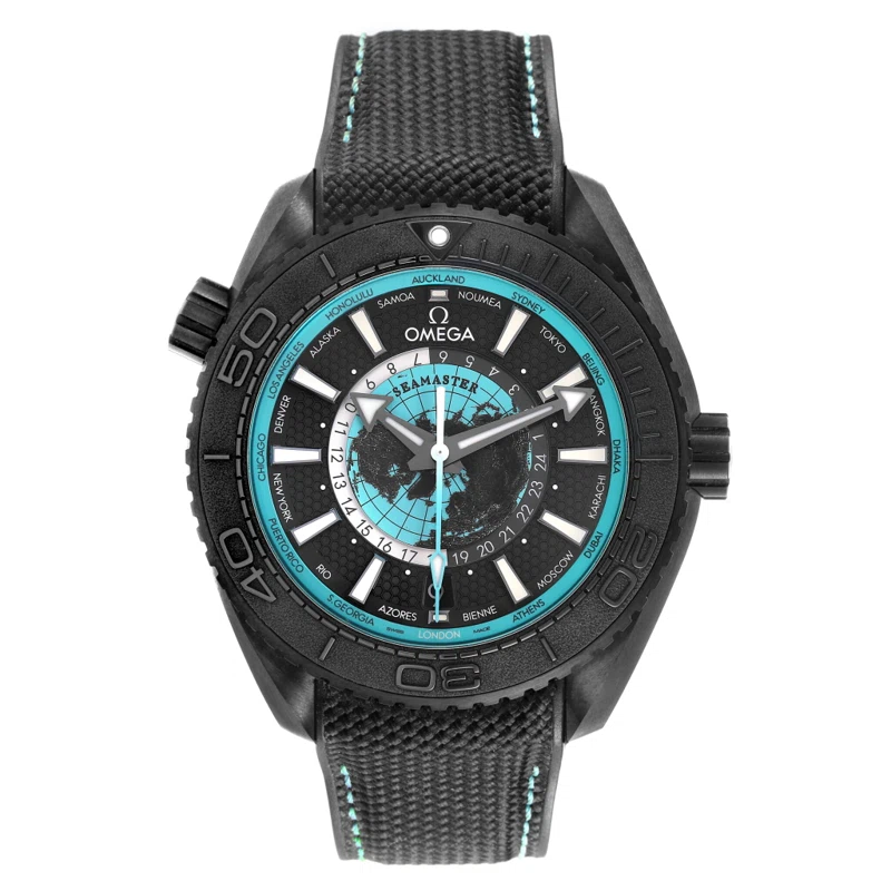 Seamaster Planet Ocean (المرجع 215.92.46.22.01.006). ساعة يد من السيراميك بقطر 45.5mm، بحركة أوتوماتيكية، مع date & world time. 2025