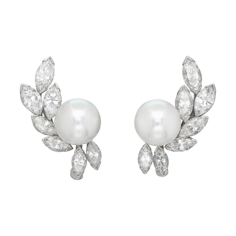 Vintage Platinum, Cultured Pearl and Diamond Cluster Earclips