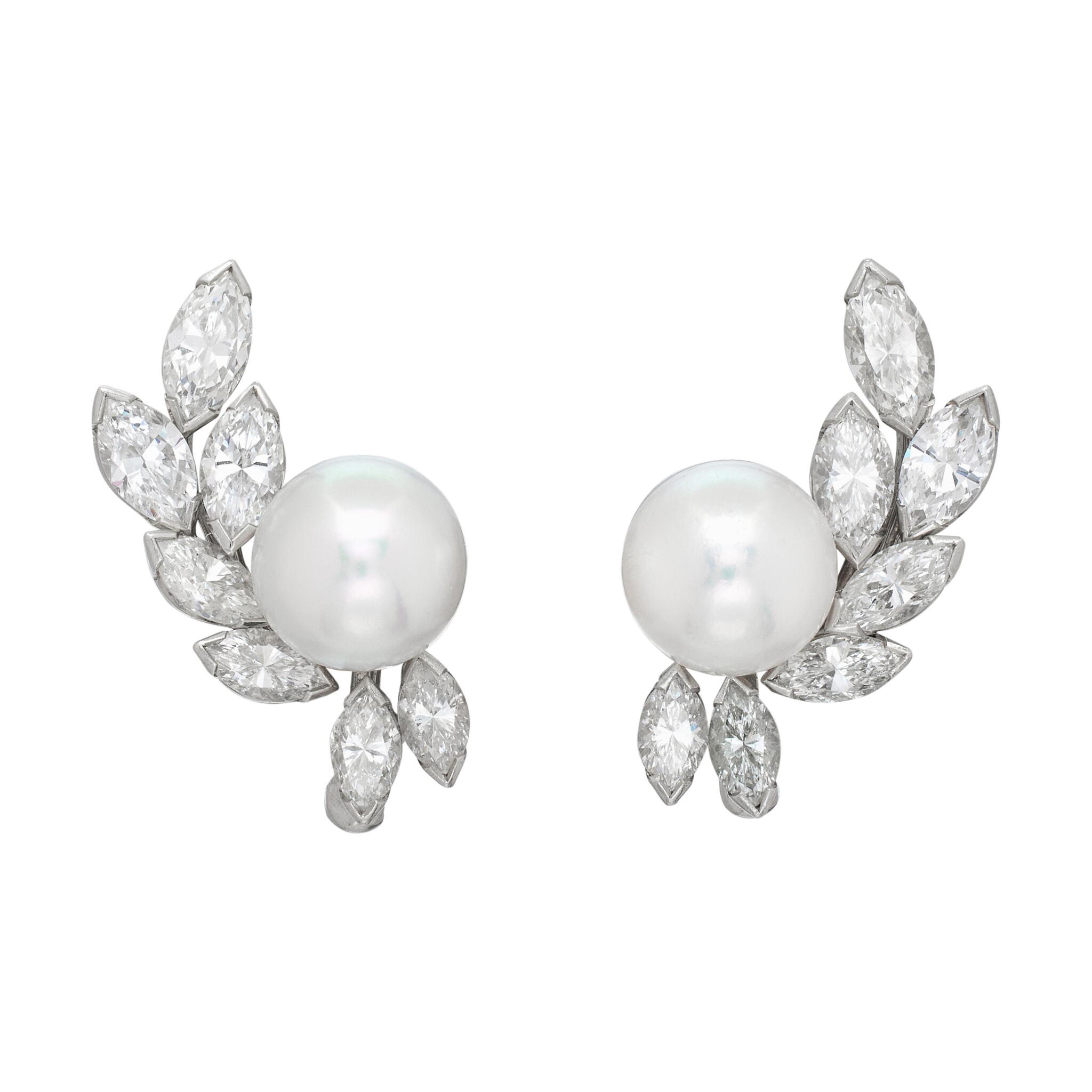 Vintage Platinum, Cultured Pearl and Diamond Cluster Earclips — view 1