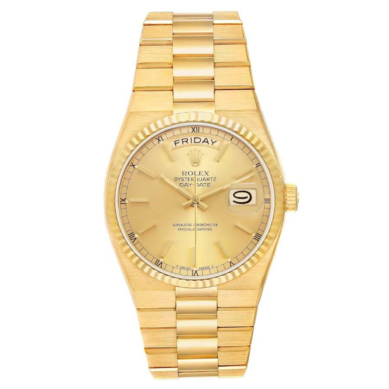 President Day-Date Oysterquartz (Reference 19018). A 36mm yellow gold quartz wristwatch with date and day. 1981-1982