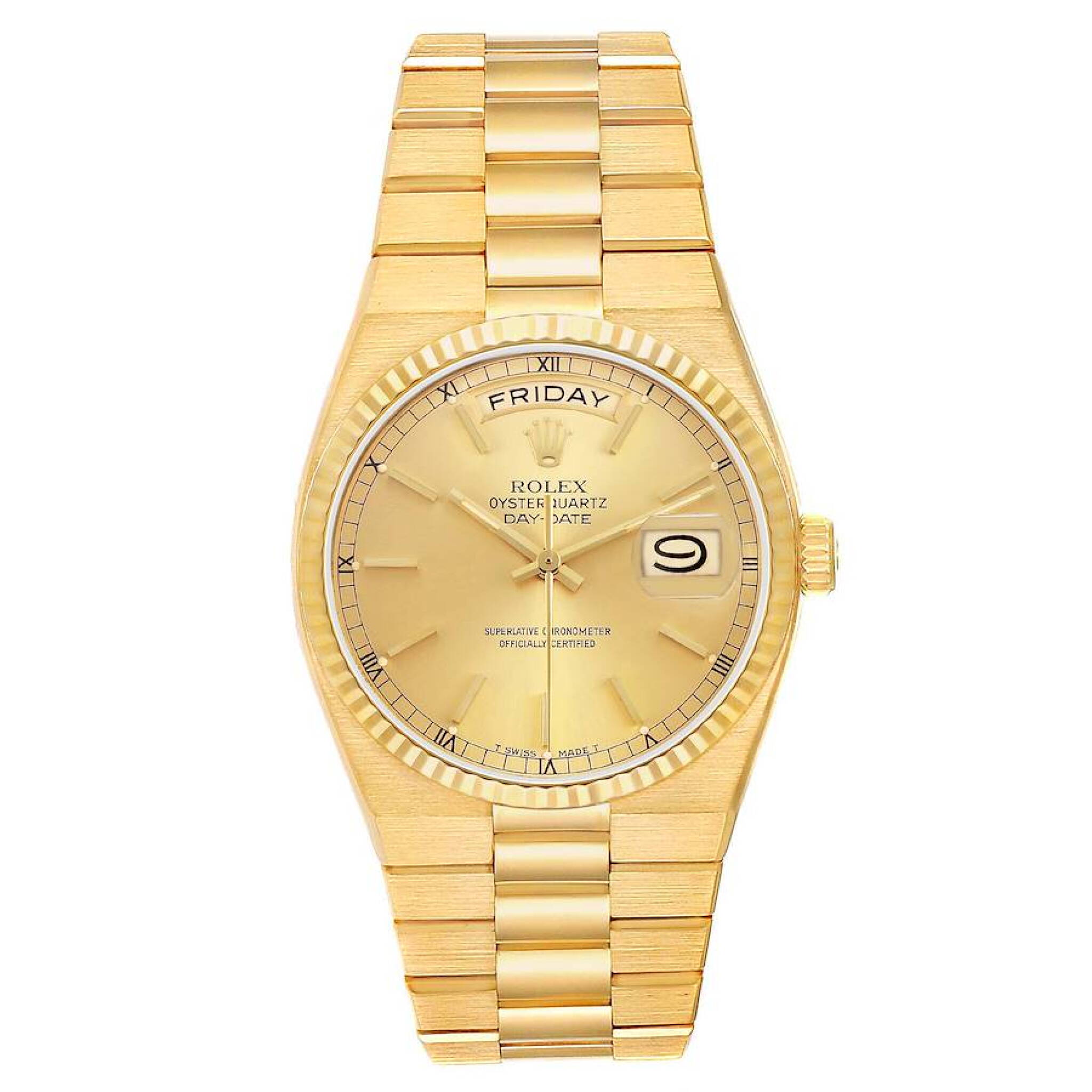 President Day-Date Oysterquartz (Reference 19018). A 36mm yellow gold quartz wristwatch with date and day. 1981-1982 — view 1