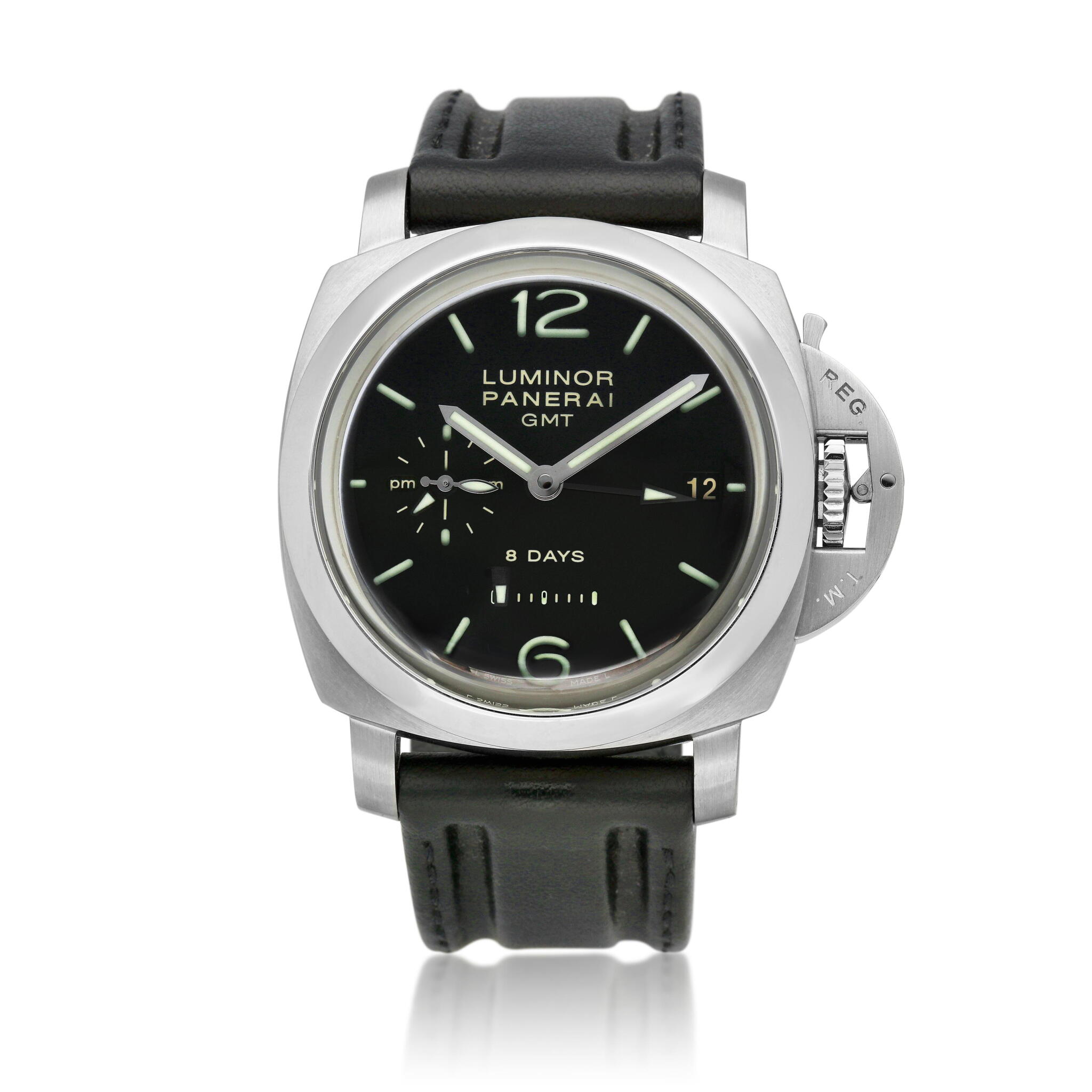 Luminor 1950 8 Days GMT (Reference PAM00233). A 44mm stainless steel manual wind wristwatch with date, dual time zone, and power reserve. 2015 — view 1