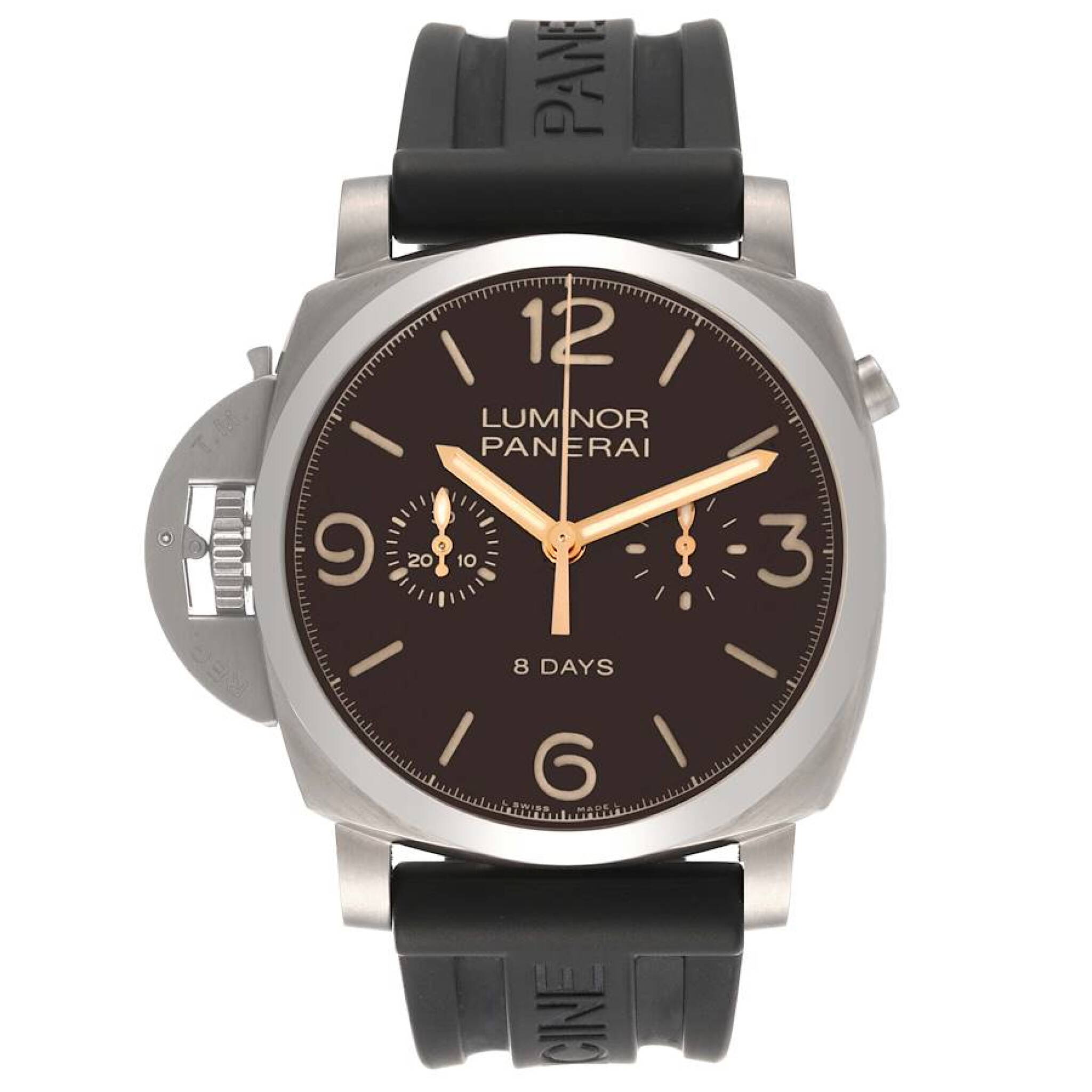 Luminor 1950 Left-handed (Reference PAM00579). A 47mm titanium manual wind wristwatch with monopulsate chronograph and power reserve. — view 1