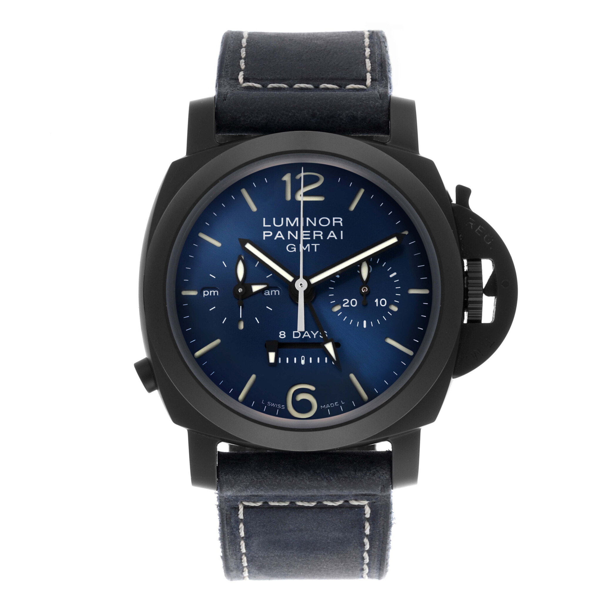 Luminor GMT Limited Edition 'Blu Notte' (Reference PAM01135). A 44mm black ceramic manual wind wristwatch with monopulsante chronograph, GMT, 8 days power reserve, and day/night indicator. 2021 — view 1