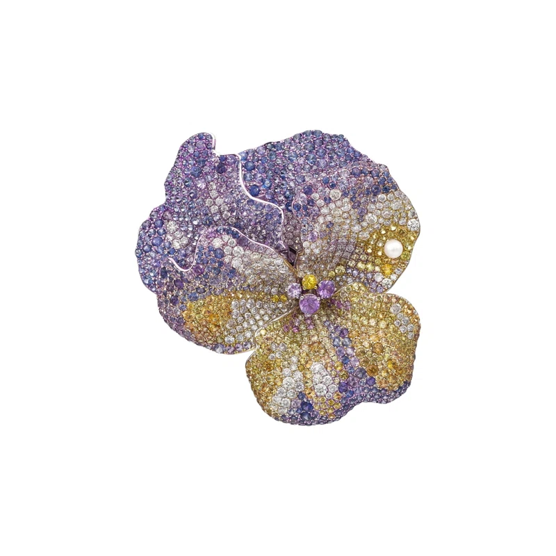 White Gold, Cultured Pearl, Coloured Sapphires and Diamond Pansy Ring
