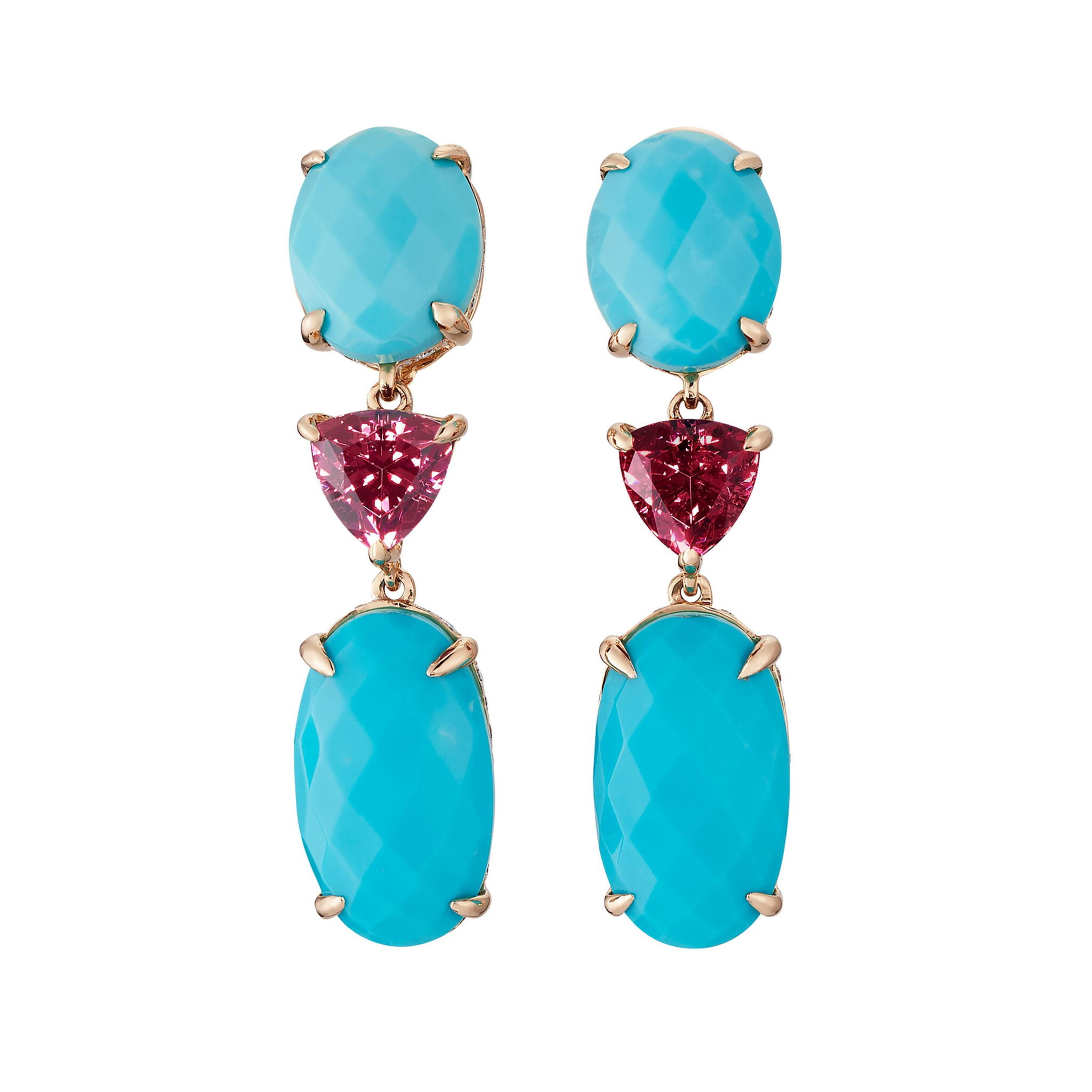 Gold, Turquoise, Garnet and Diamond Drop Earrings — view 1