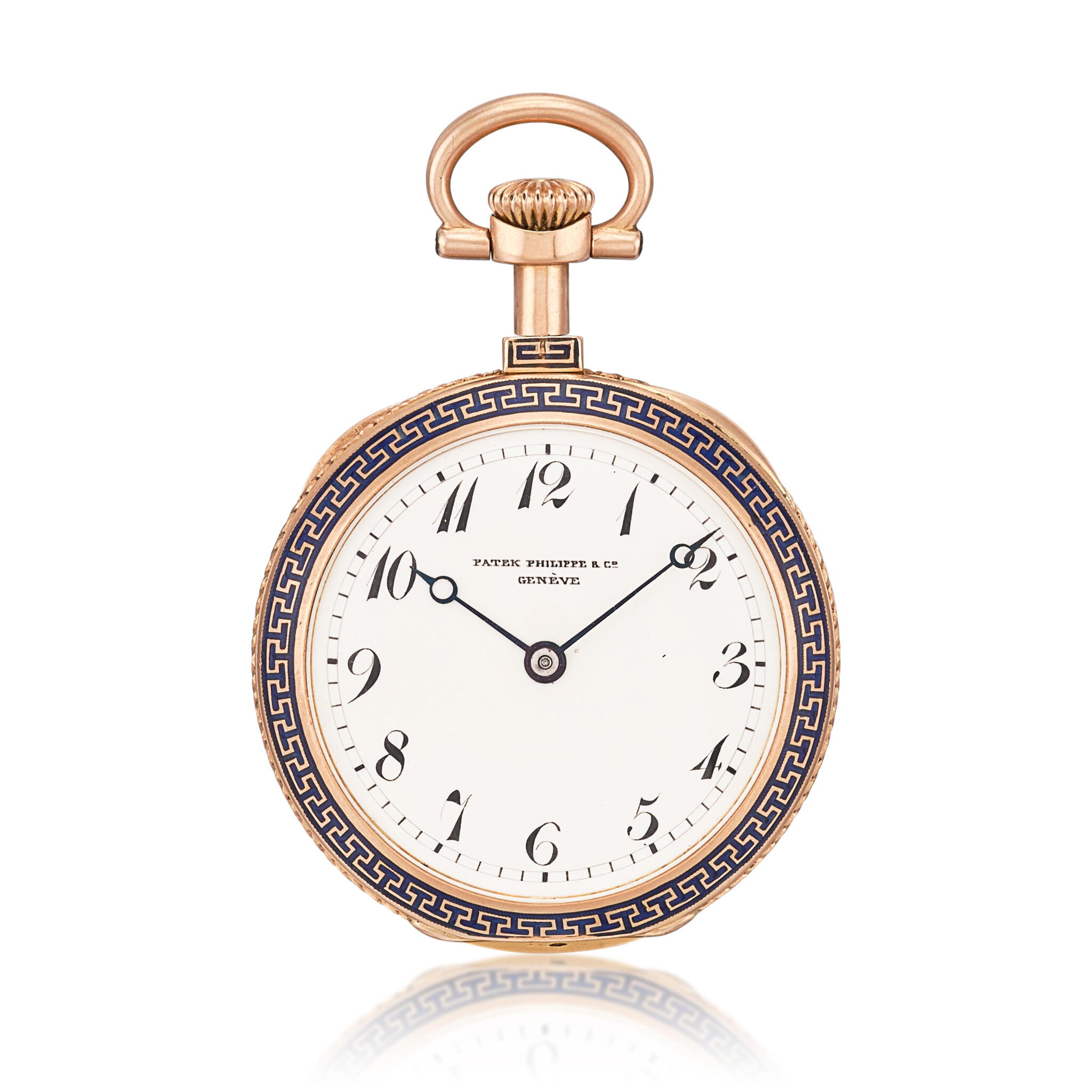 Patek Philippe. A pink gold open face keyless mechanical watch with applied blue enamel and enamel dial. Circa 1890 — view 1