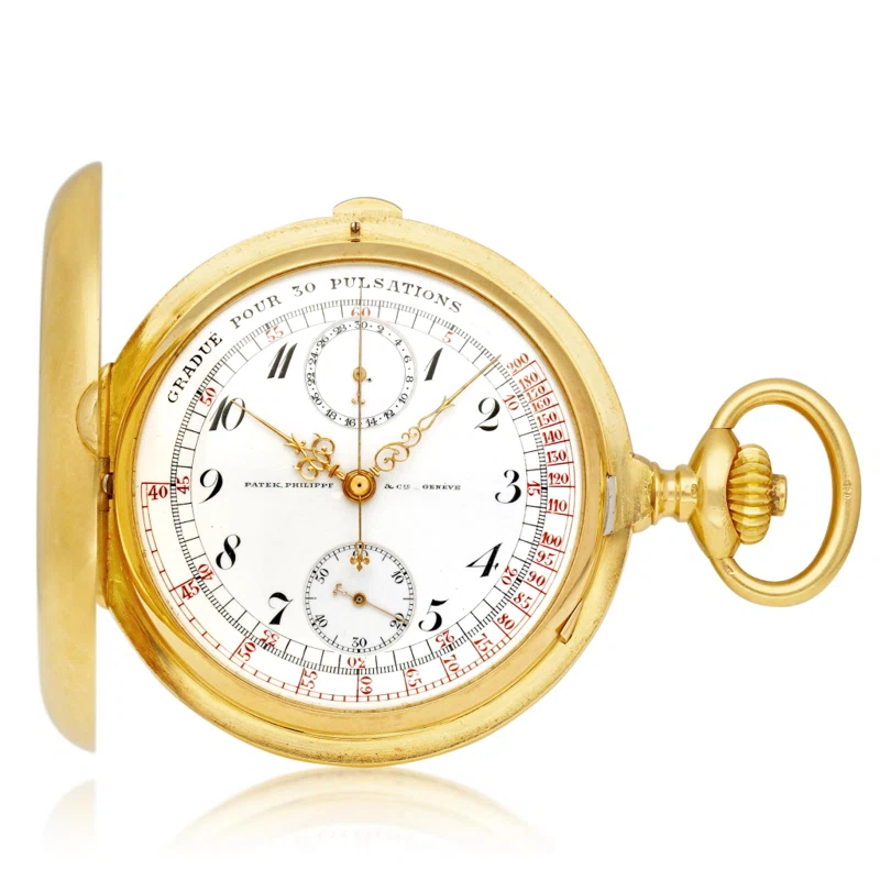A yellow gold hunting case single button chronograph manual winding keyless watch with pulsation enamel dial, Circa 1912