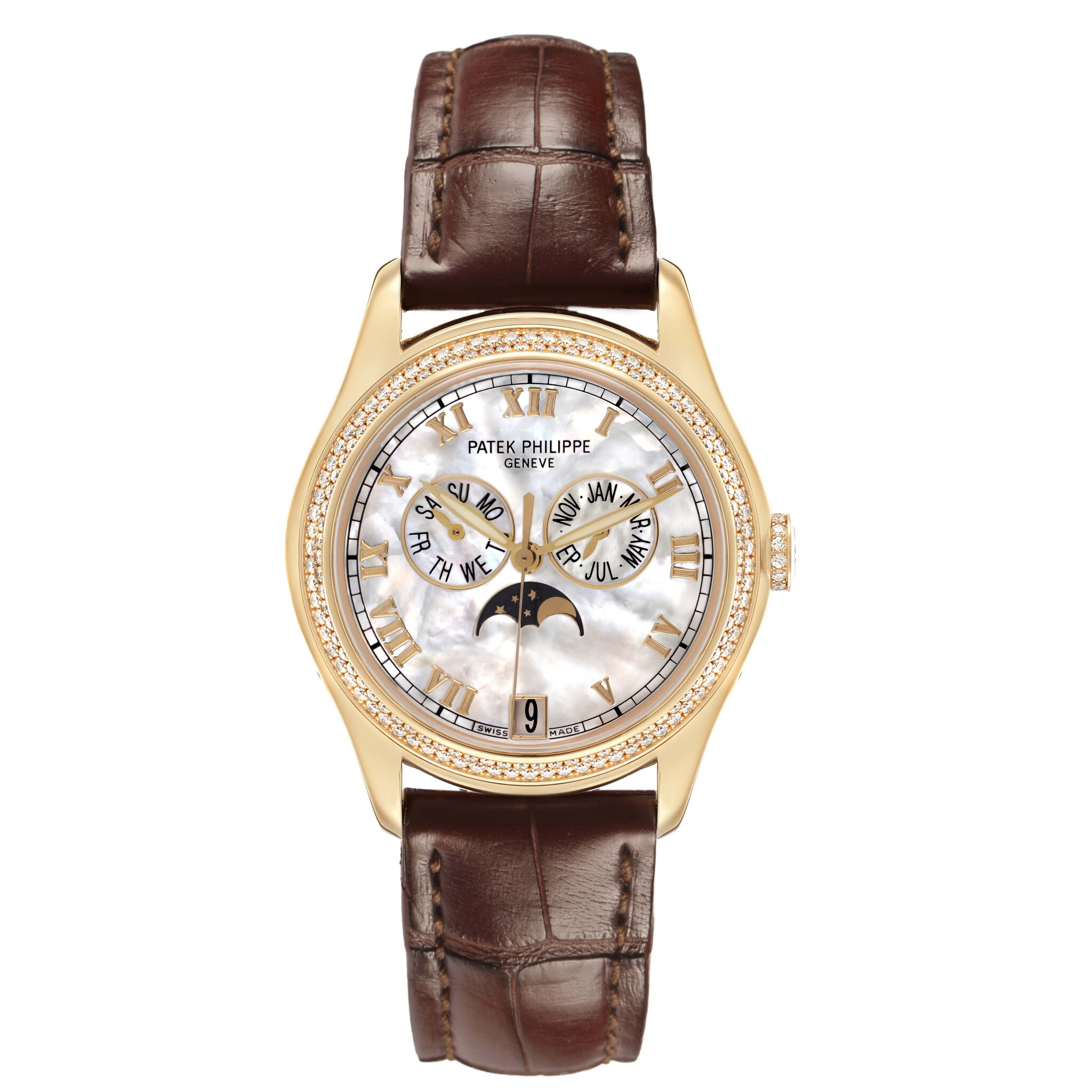 Complications (Reference 4936J-001). A 37mm yellow gold diamond-set automatic wristwatch with date, moonphase, and annual calendar. — view 1