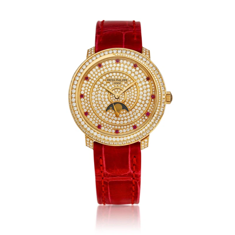 Calatrava Diamond Ribbon Joaillerie (Reference 4968). A 33mm rose gold diamond ruby-set mechanical wristwatch with moon phase. 2018