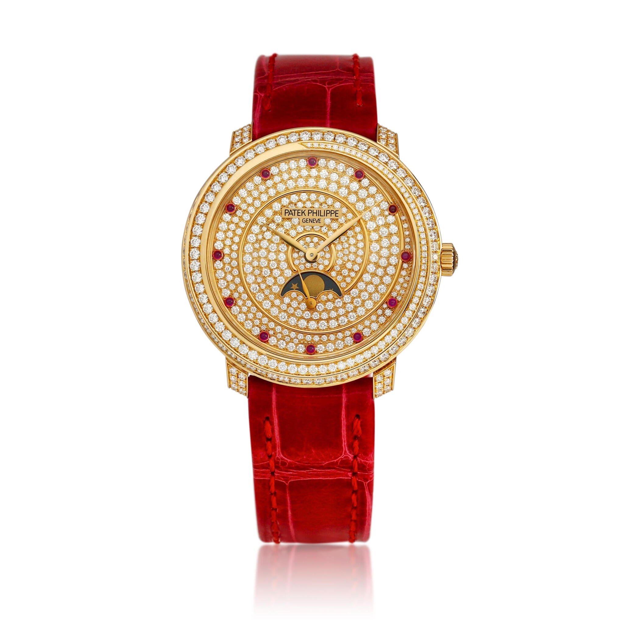 Calatrava Diamond Ribbon Joaillerie (Reference 4968). A 33mm rose gold diamond ruby-set mechanical wristwatch with moon phase. 2018 — view 1