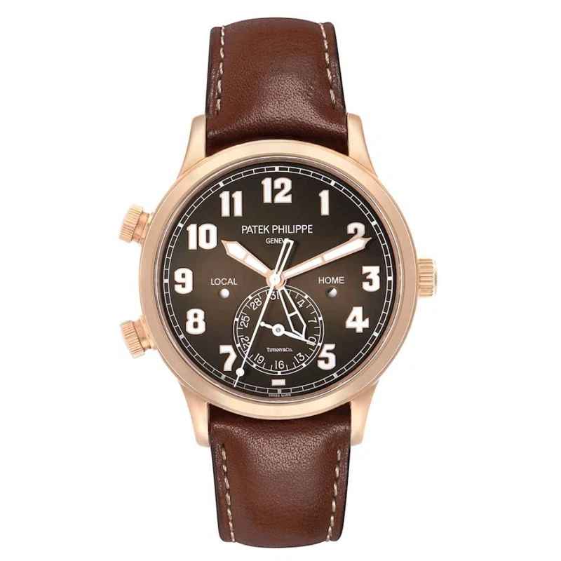 Calatrava Tiffany & Co. Pilot Travel Time (Reference 5524R-001). A 42mm rose gold automatic wristwatch with date, dual time, and day/night indicator. 2019