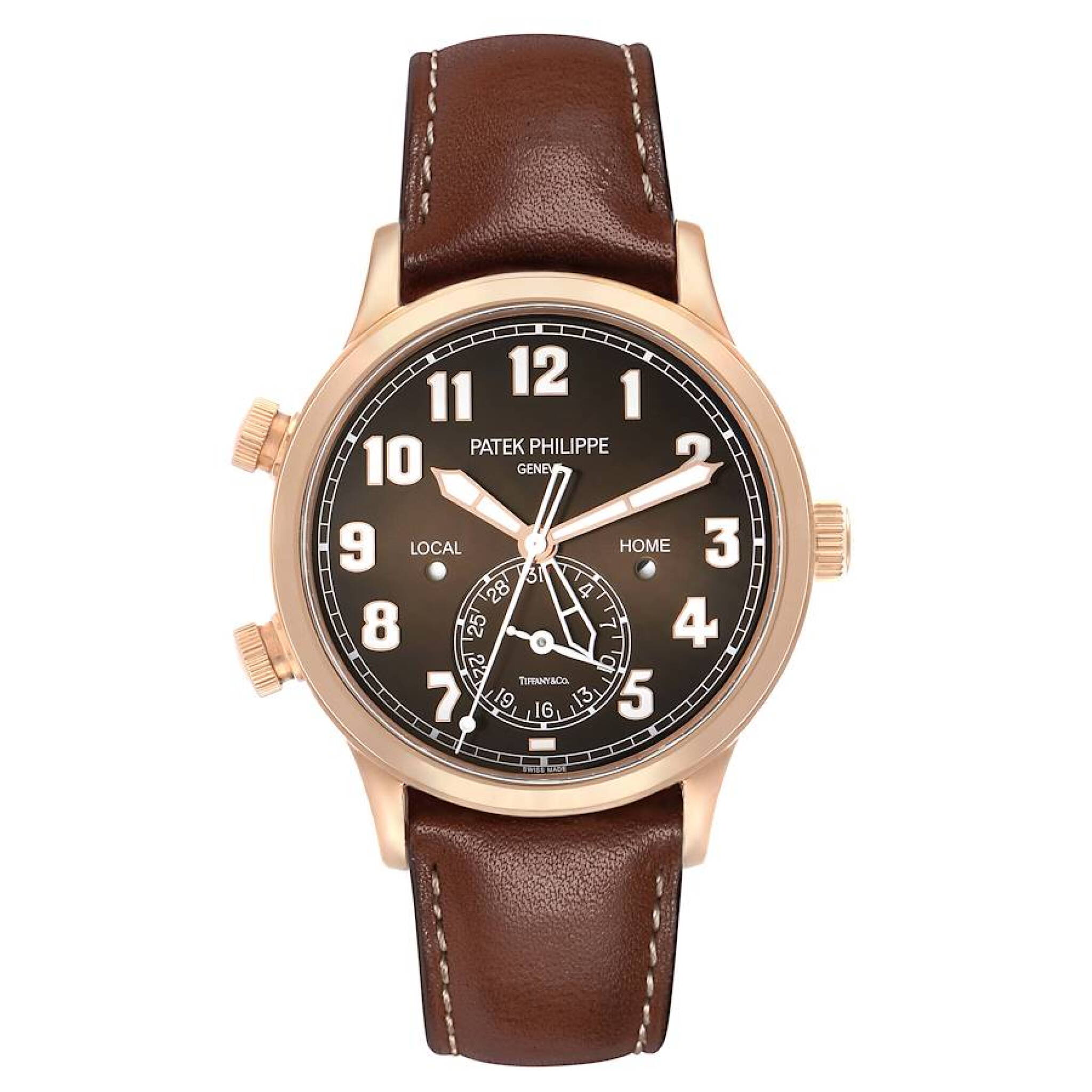 Calatrava Tiffany & Co. Pilot Travel Time (Reference 5524R-001). A 42mm rose gold automatic wristwatch with date, dual time, and day/night indicator. 2019 — view 1