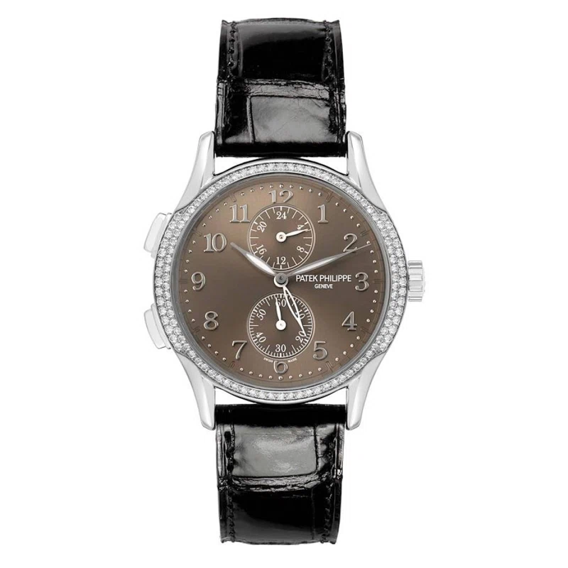 Calatrava Travel Time (Reference 7134G-001). A 35mm white gold diamond-set manual wind wristwatch with dual time. 2015