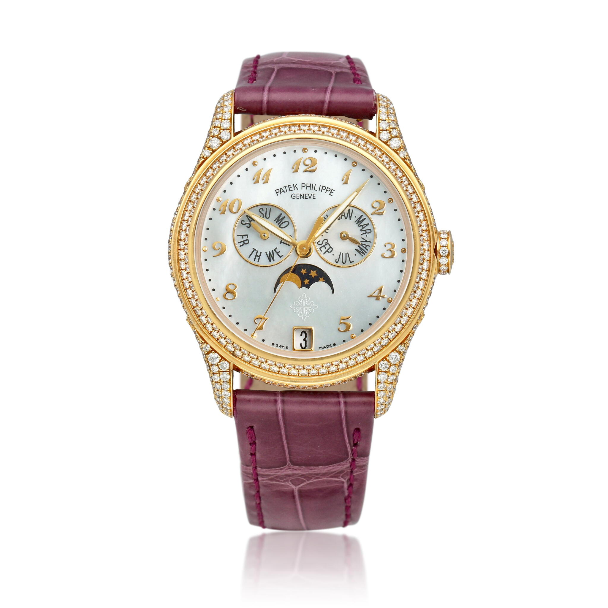 Complications (Reference 4937R-001). A 37mm rose gold diamond-set automatic wristwatch with date, day, month, moon phase, and annual calendar. 2013 — view 1