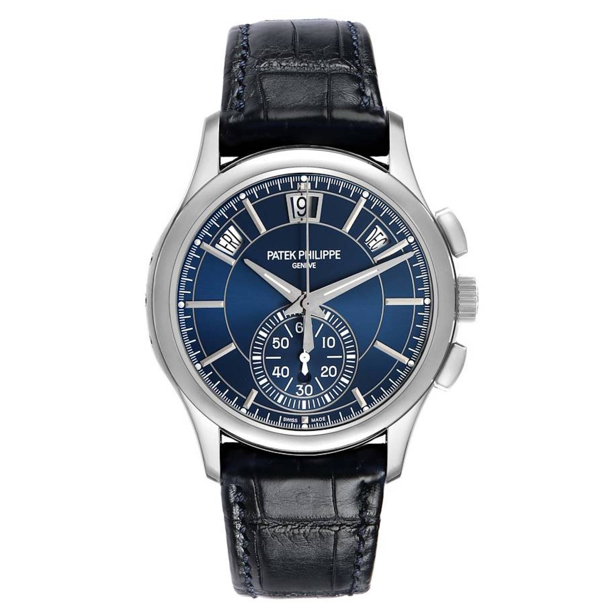 Complications (Reference 5905P-001). A 42mm platinum automatic wristwatch with date, day, month, chronograph, and annual calendar. 2022 — view 1