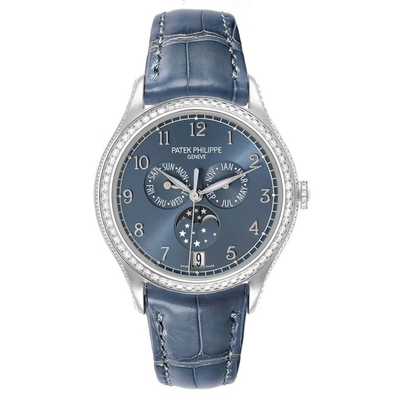 Complications (Reference 4947G-001). A 38mm white gold diamond-set automatic wristwatch with date, day, month, moon phase, and annual calendar. 2019