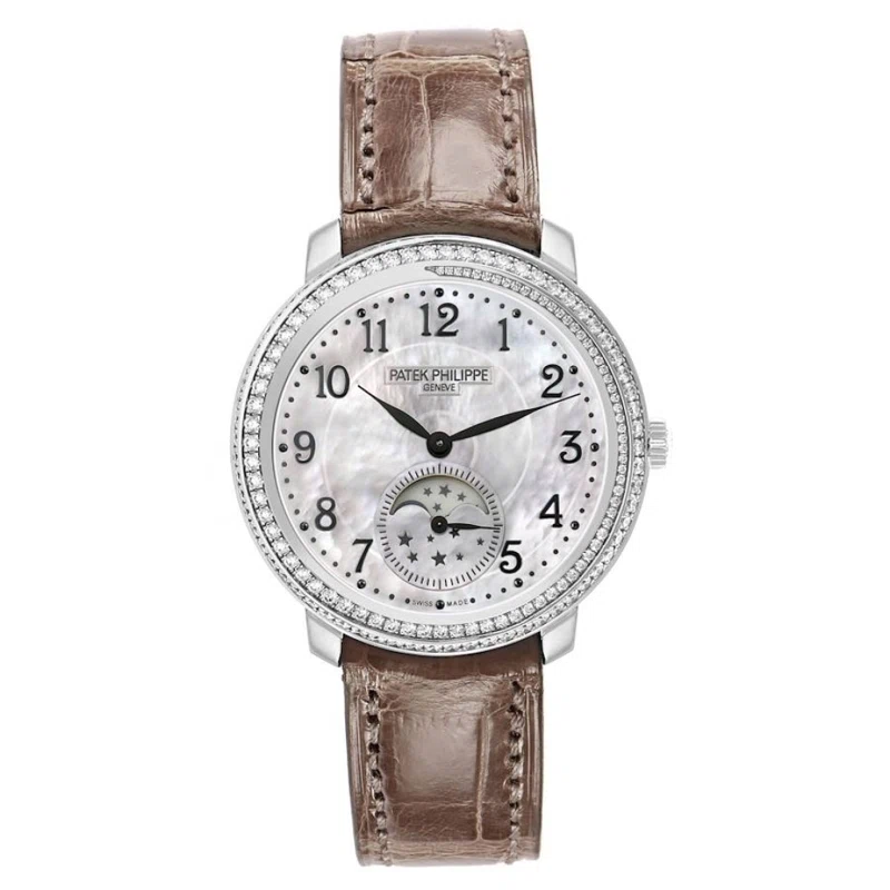 Complications (Reference 4968G-010). A 33mm white gold diamond-set manual wind wristwatch with moon phase. 2015