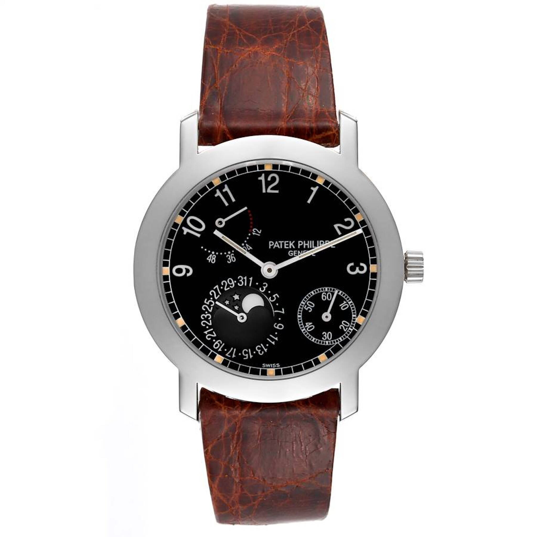 Complications (Reference 5055G-001). A 36mm white gold automatic wristwatch with date, moon phase, and power reserve. 2010 — view 1