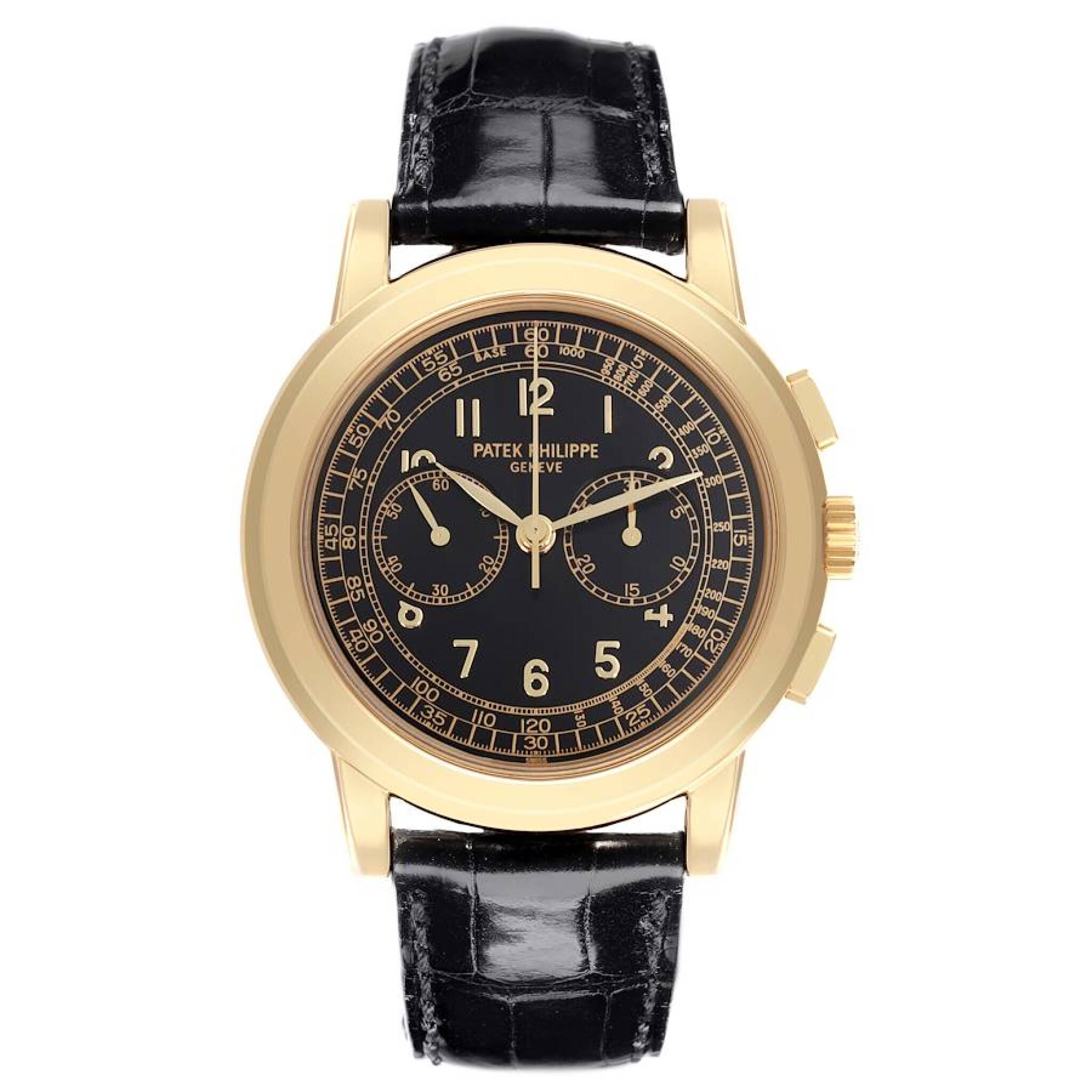 Complications (Reference 5070J-001). A 42mm yellow gold manual wind wristwatch with chronograph. — view 1