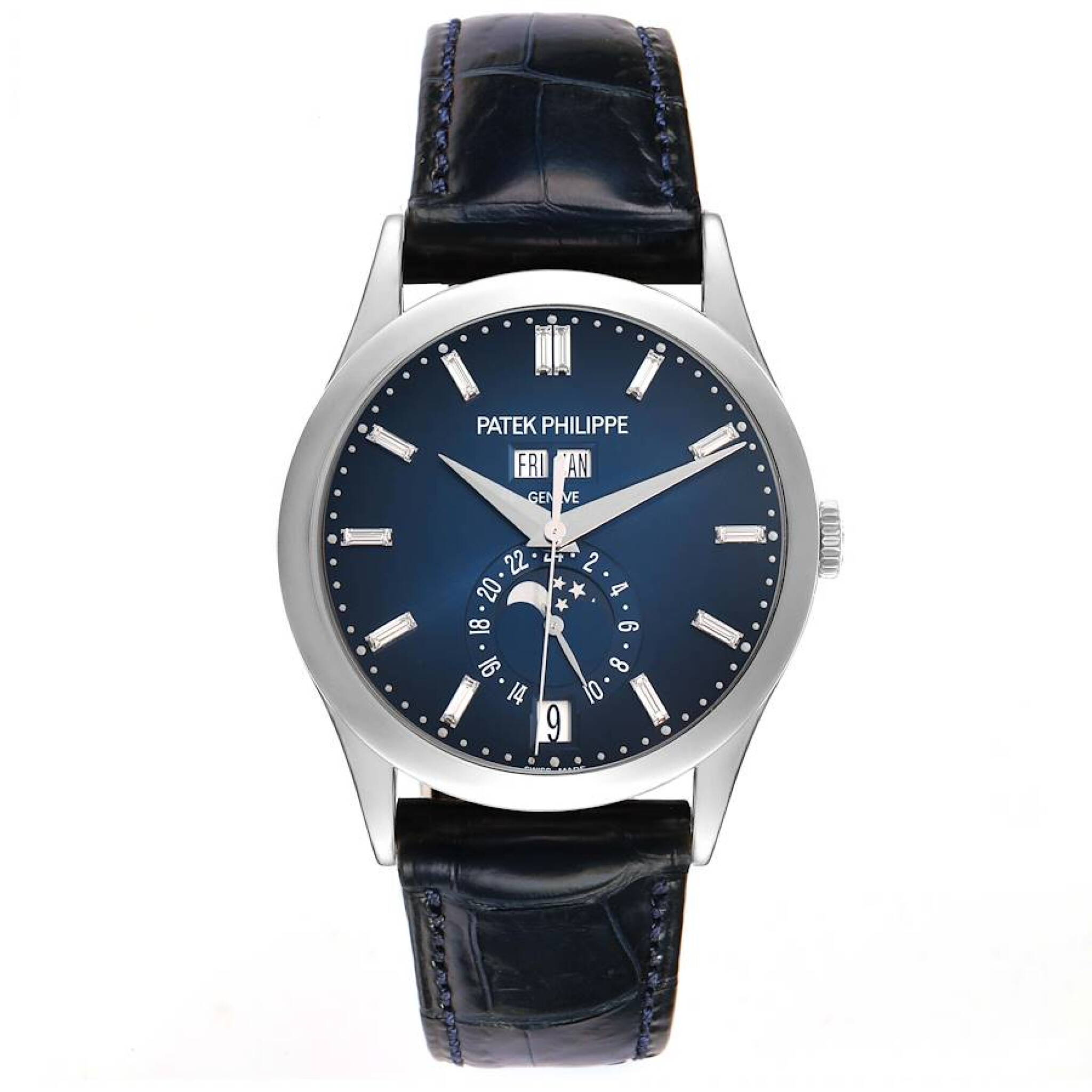 Complications (Reference 5396G-017). A 39mm white gold diamond-set automatic wristwatch with date, day, month, moon phase, 24 hour-format, and annual calendar. 2024 — view 1